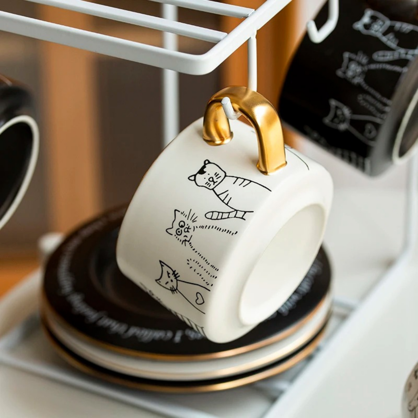 Taza de Gatos para Café. Taza de Lujo para Espresso y Té. Taza para Amante de los Gatos. Juego de Taza y Plato. Blanco