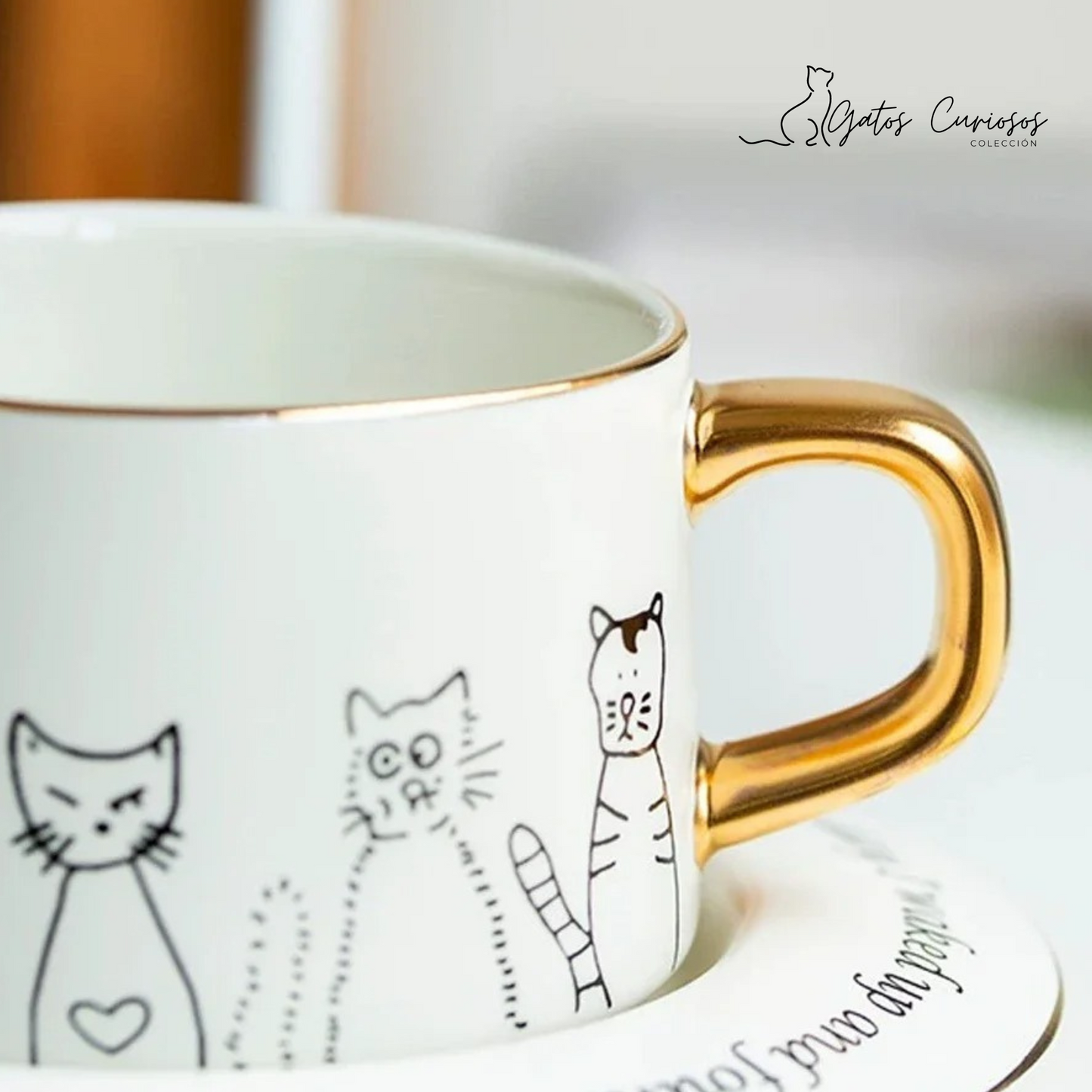 Taza de Gatos para Café. Taza de Lujo para Espresso y Té. Taza para Amante de los Gatos. Juego de Taza y Plato. Blanco