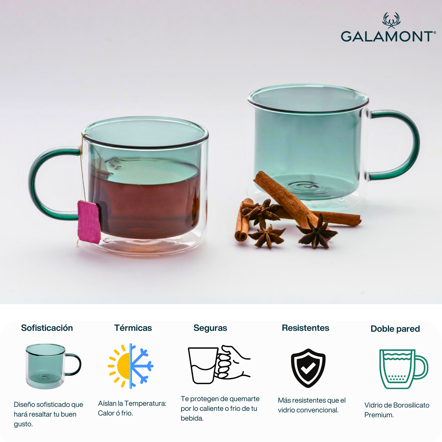 Tazas Doble Fondo para Café Espresso, Americano, Té. Set de 2 Tazas Doble Pared de Vidrio, 300 ml. Bonitas y Elegantes (Verde)