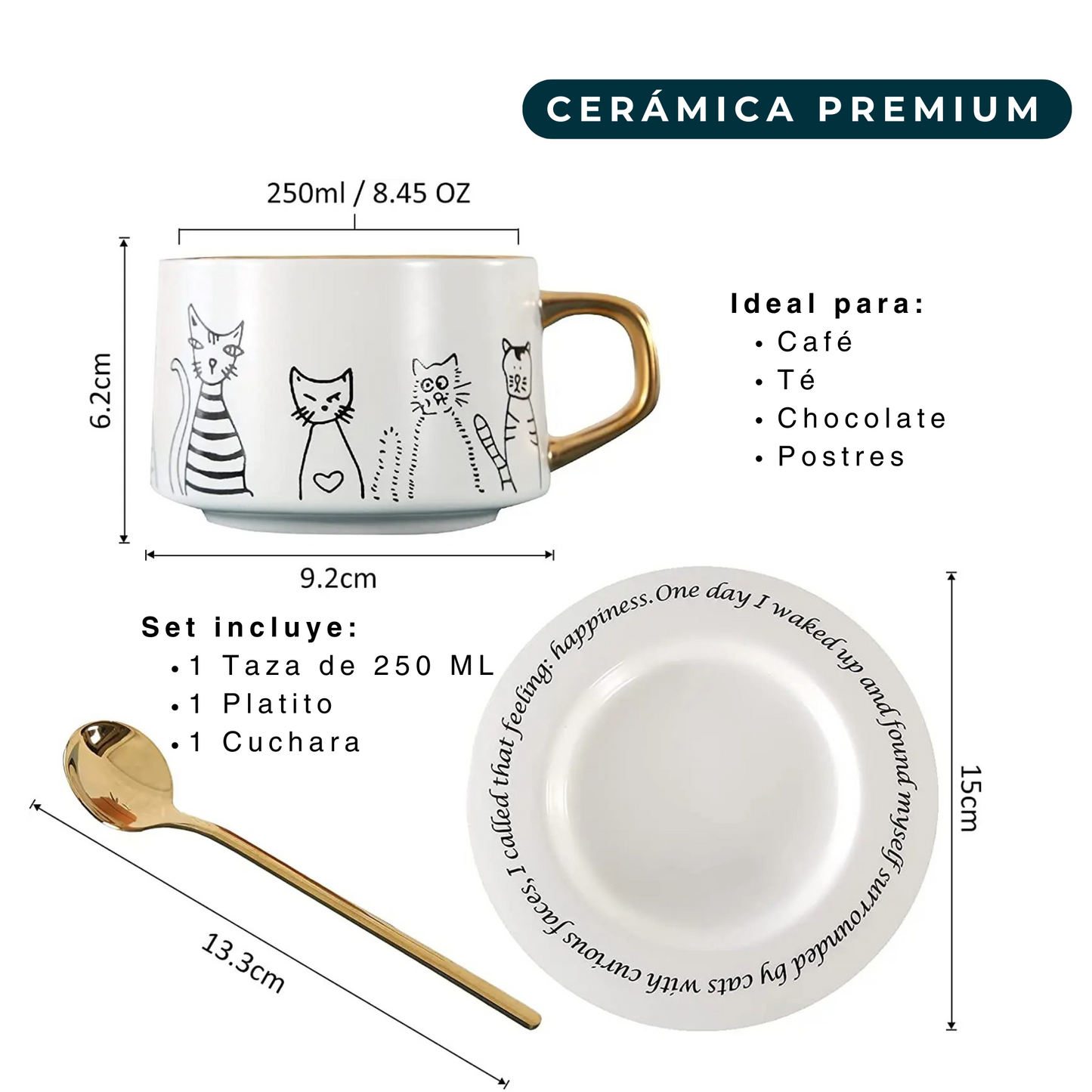 Taza de Gatos para Café. Taza de Lujo para Espresso y Té. Taza para Amante de los Gatos. Juego de Taza y Plato. Blanco