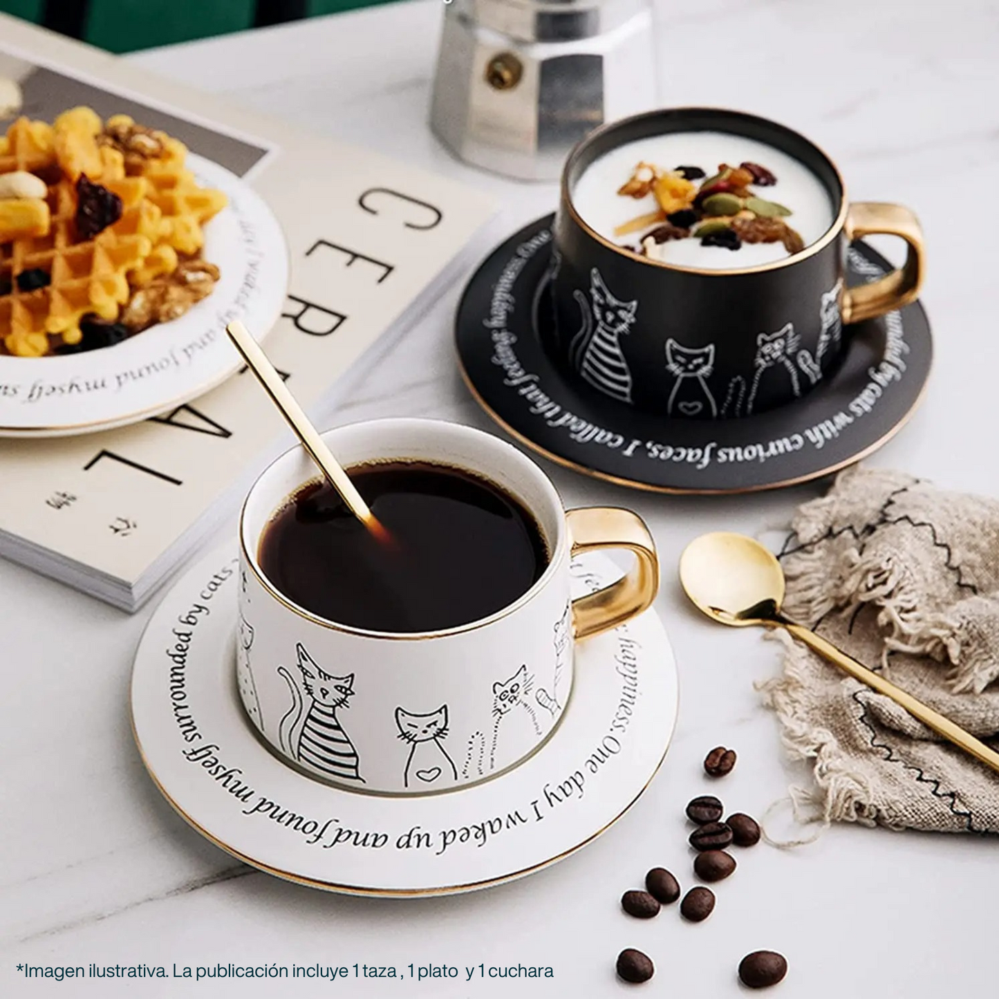 Taza de Gatos para Café. Taza de Lujo para Espresso y Té. Taza para Amante de los Gatos. Juego de Taza y Plato. Blanco