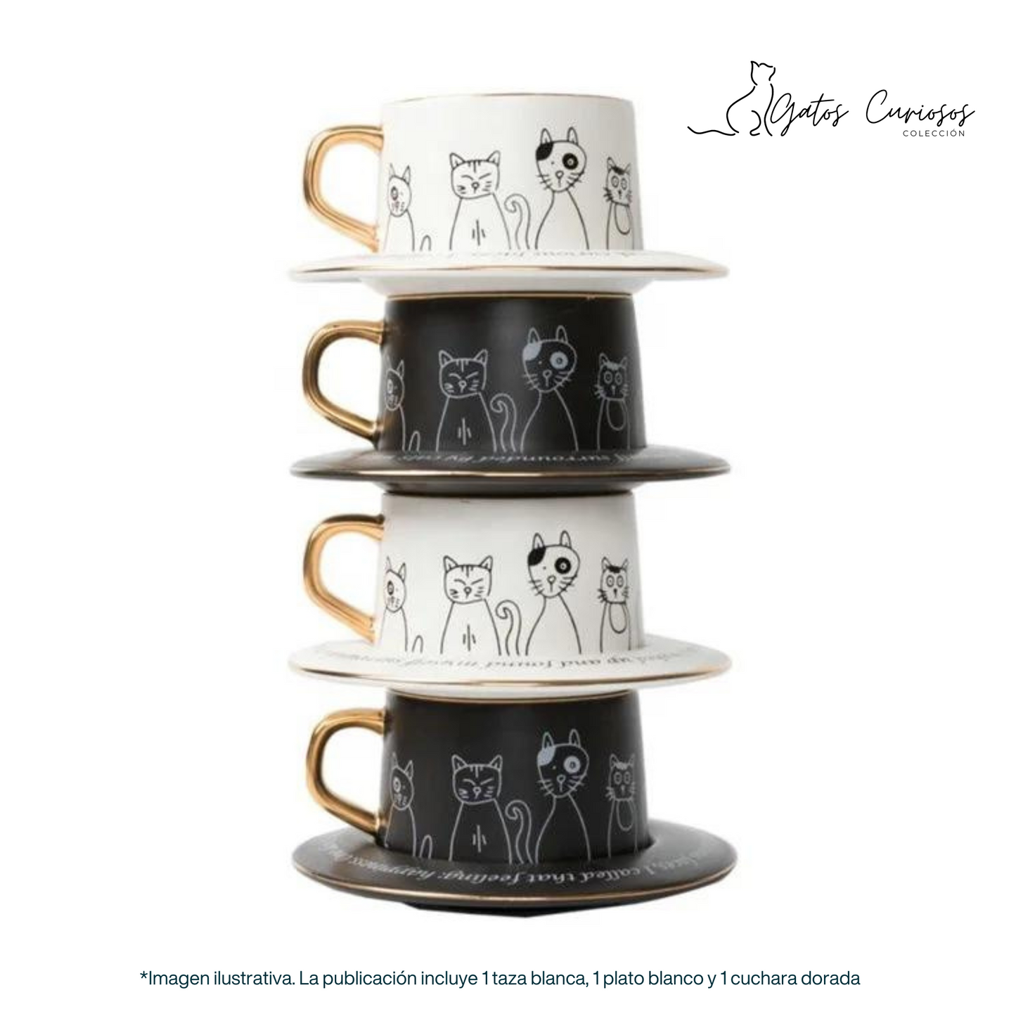 Taza de Gatos para Café. Taza de Lujo para Espresso y Té. Taza para Amante de los Gatos. Juego de Taza y Plato. Blanco