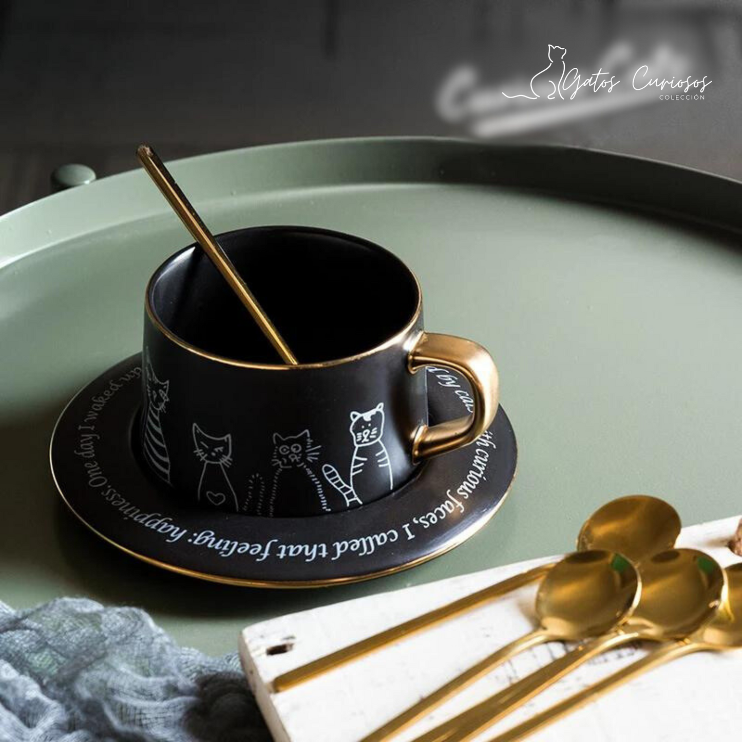 Taza de Gatos para Café. Taza de Lujo para Espresso y Té. Taza para Amante de los Gatos. Juego de Taza y Plato. Negro