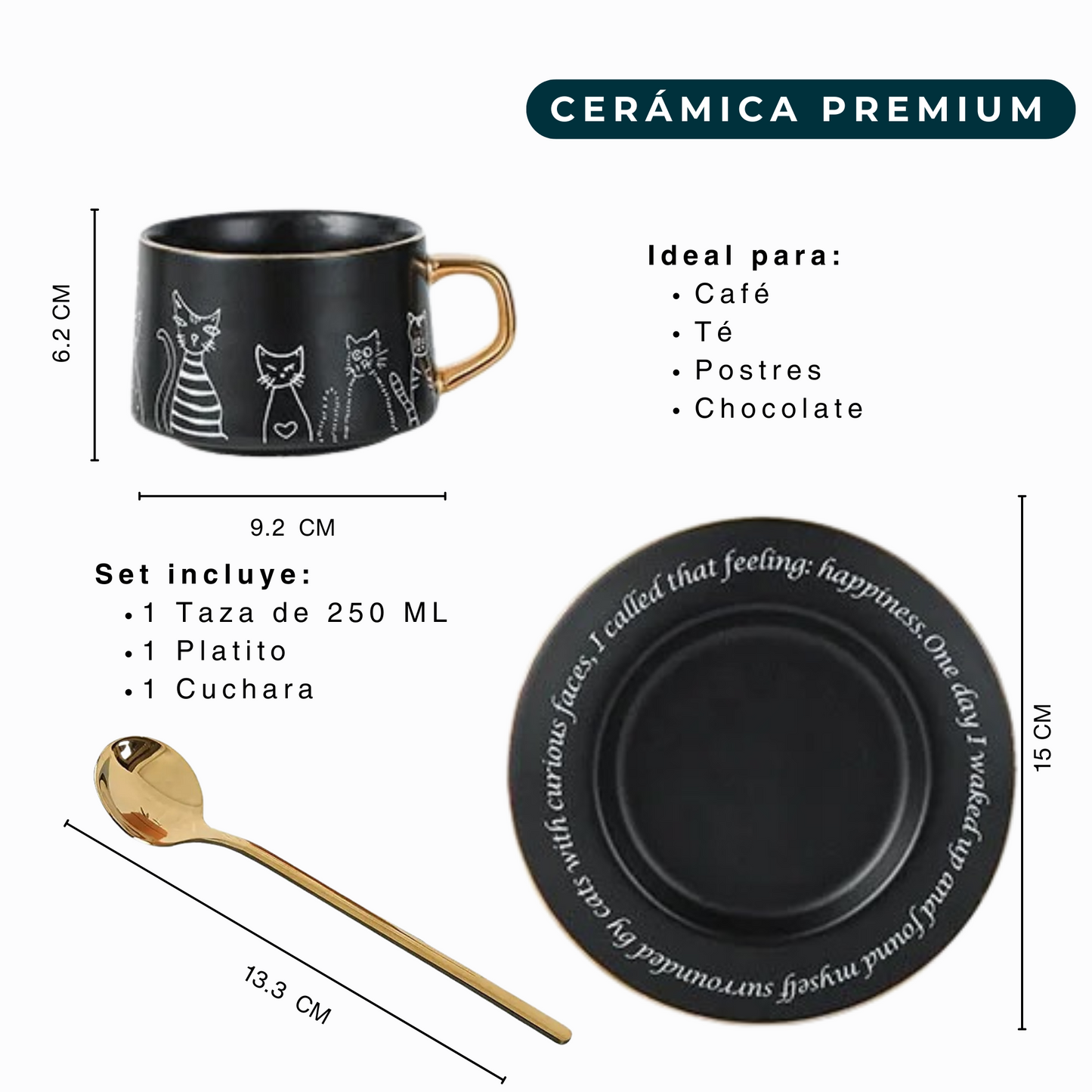 Taza de Gatos para Café. Taza de Lujo para Espresso y Té. Taza para Amante de los Gatos. Juego de Taza y Plato. Negro