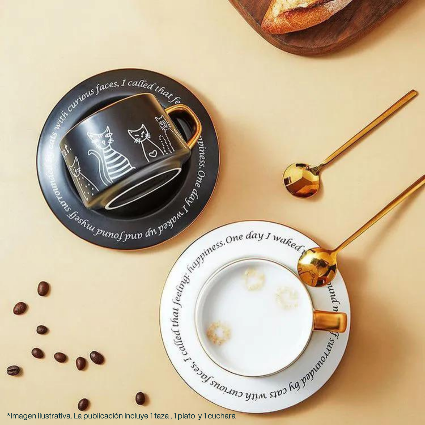 Taza de Gatos para Café. Taza de Lujo para Espresso y Té. Taza para Amante de los Gatos. Juego de Taza y Plato. Negro