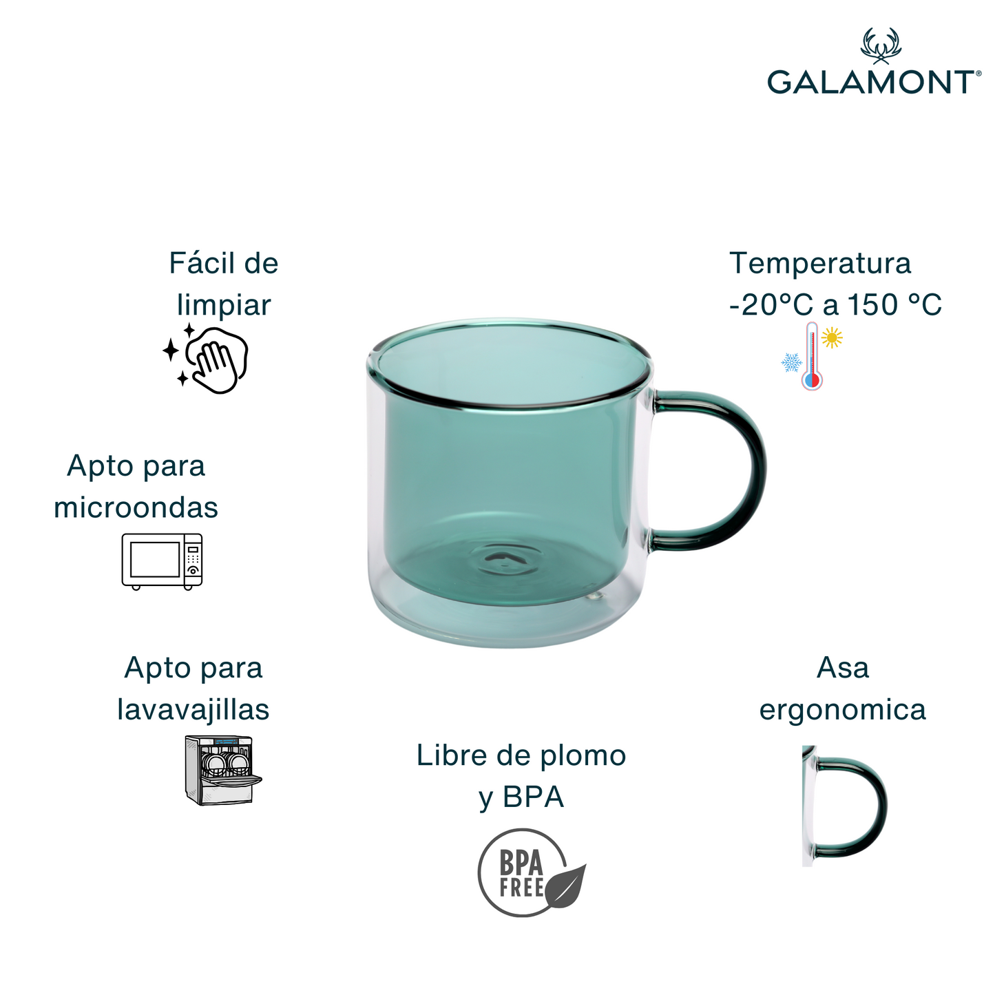 Tazas Doble Fondo para Café Espresso, Americano, Té. Set de 2 Tazas Doble Pared de Vidrio, 300 ml. Bonitas y Elegantes (Verde)