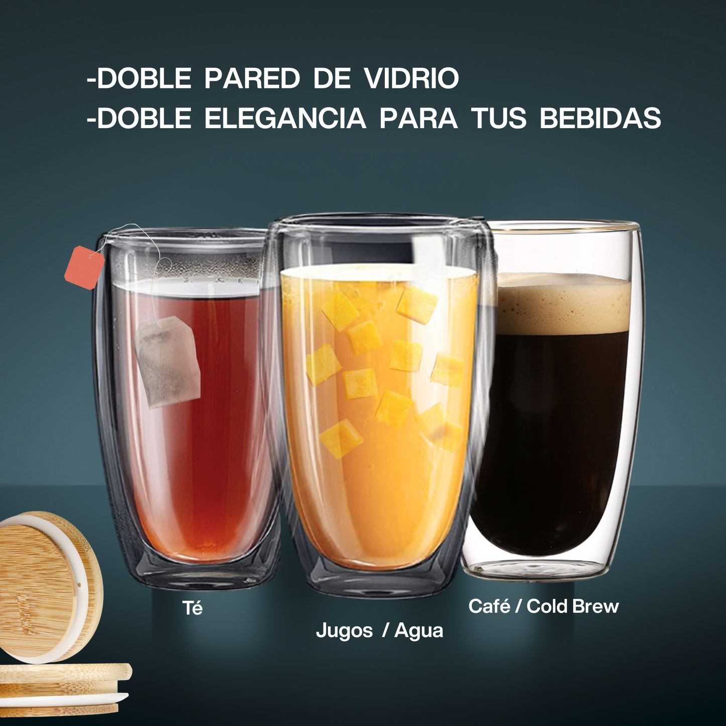 Vasos Doble Pared de Vidrio con Tapa de Bambú y Popote para Café, Capuchino, Té. Térmicos, Resistentes (2 X 350 ml)