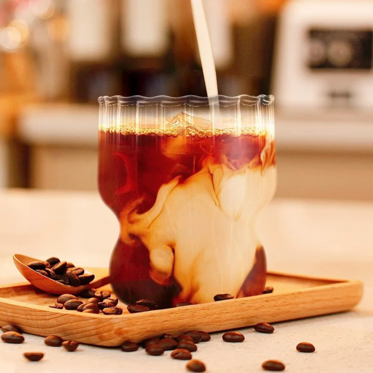 Vasos de Vidrio para Agua, Bebidas, Cóctel, Mojito, Margarita. Set de Vasos con Popotes. Diseño Oruga y Acanalado (4 x 300 ml)