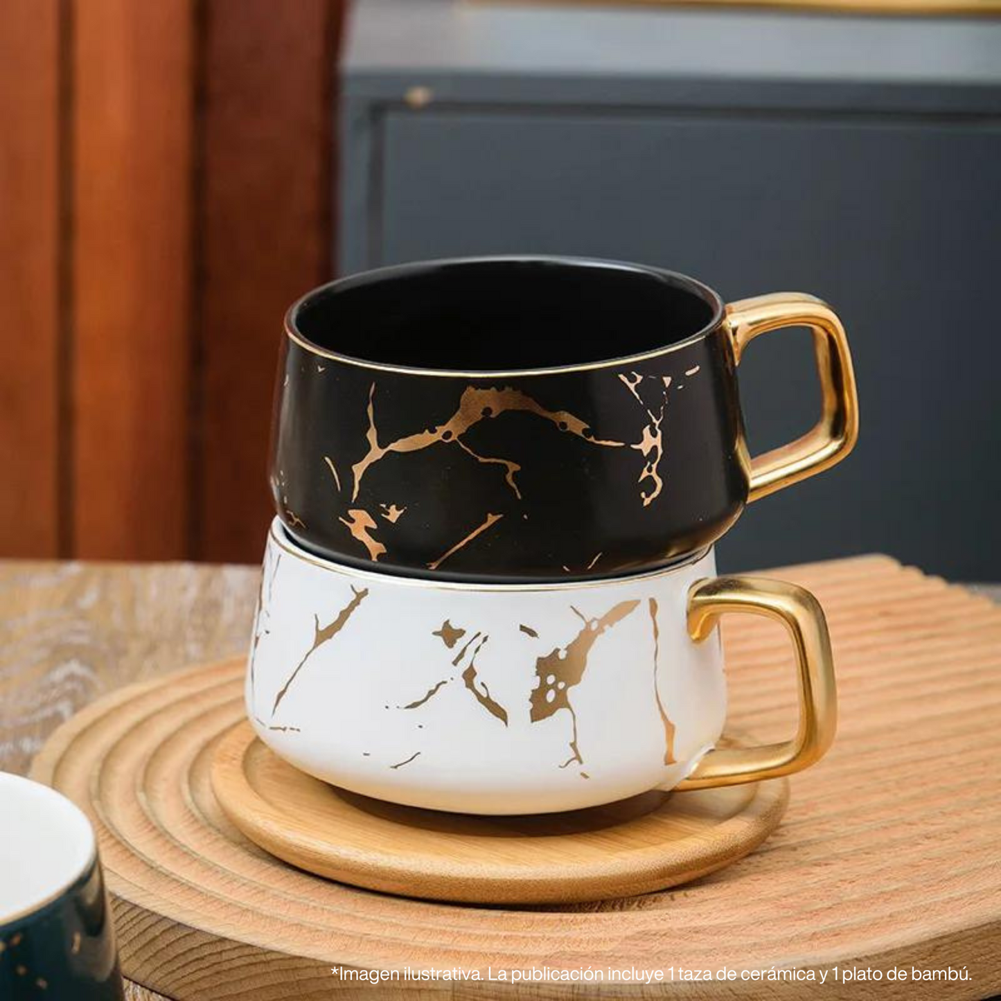 Taza de Mármol para Café. Taza para Latte y Té. Taza de Lujo. Juego de Taza y Plato. 350 ml. Color Negro