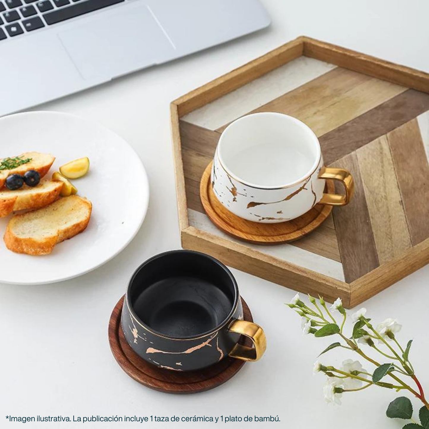 Taza de Mármol para Café. Taza para Latte y Té. Taza de Lujo. Juego de Taza y Plato. 350 ml. Color Negro