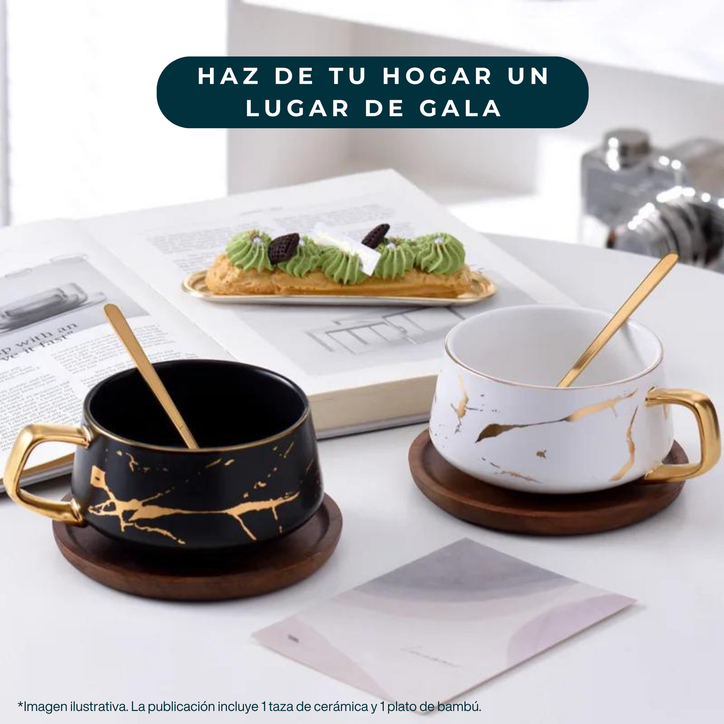 Taza de Mármol para Café. Taza para Latte y Té. Taza de Lujo. Juego de Taza y Plato. 350 ml. Color Negro