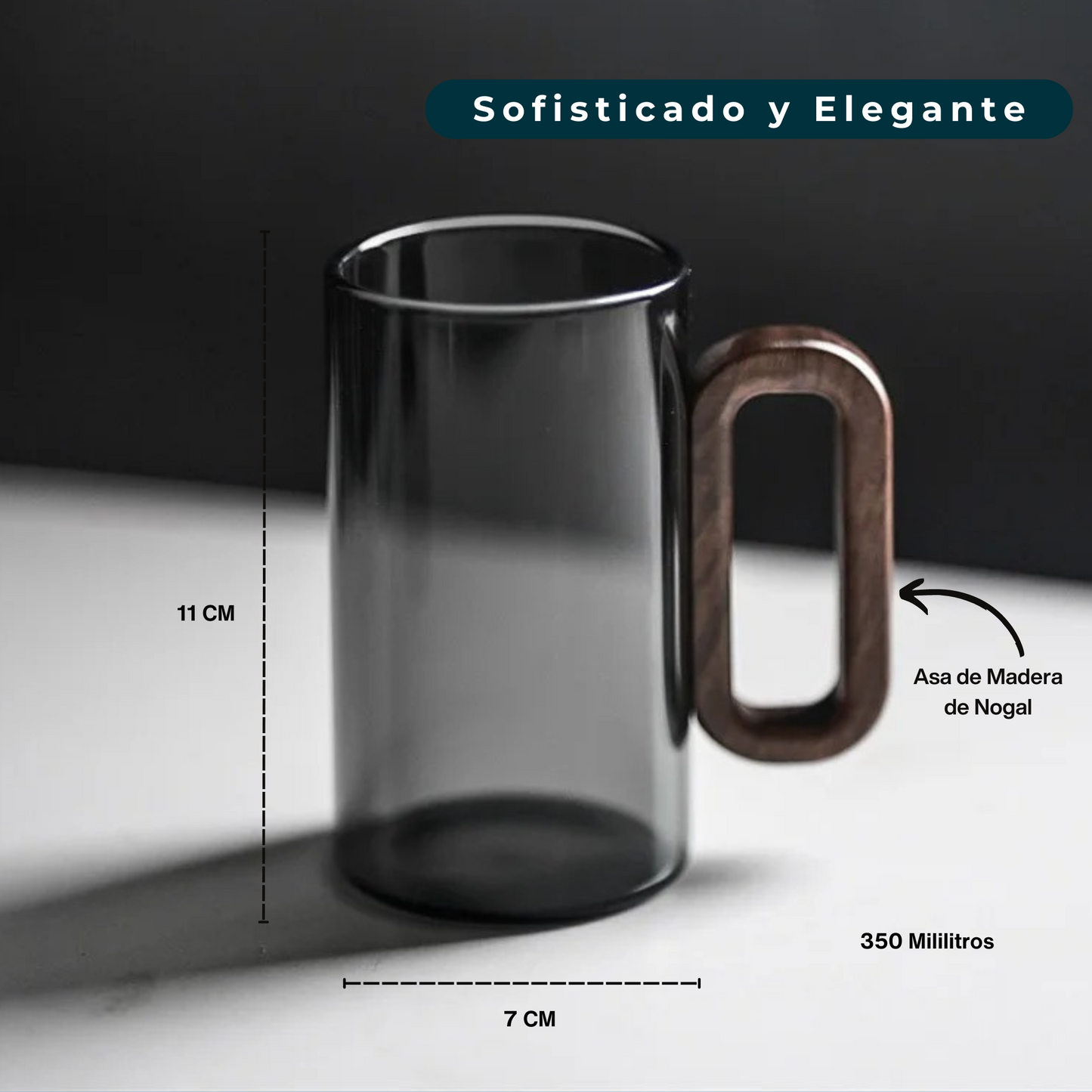 Tazas Nórdicas para Café, Té, Cóctel. Hechas a Mano. Vidrio Borosilicato y Asa de Madera. Set de 2 Tazas Bonitas y Minimalistas. 350 ml.