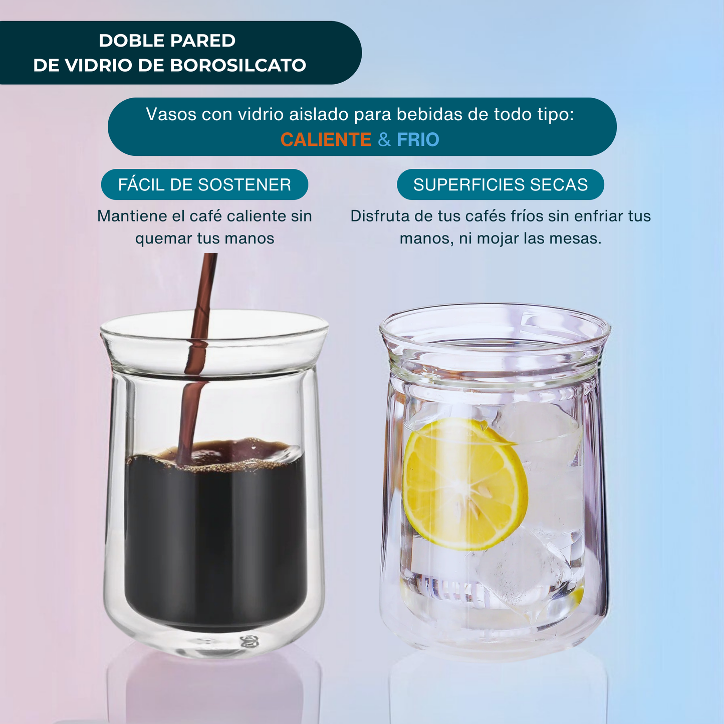 Vasos Doble Pared de Vidrio para Café, Cold Brew, Iced Tea. Set de 2 Vasos Doble Fondo, 350 ml. Elegantes, Bonitos, Aesthetic