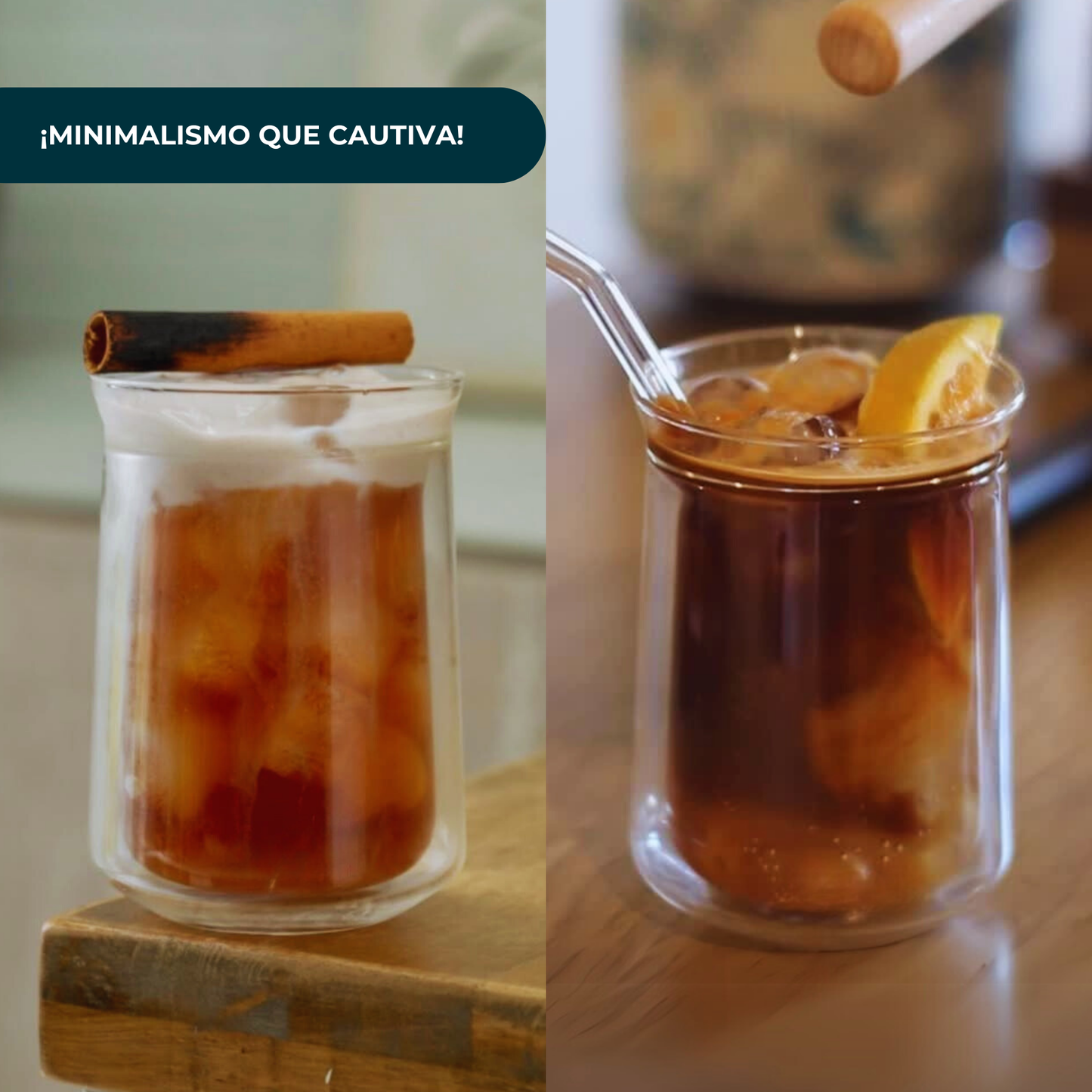 Vasos Doble Pared de Vidrio para Café, Cold Brew, Iced Tea. Set de 2 Vasos Doble Fondo, 350 ml. Elegantes, Bonitos, Aesthetic