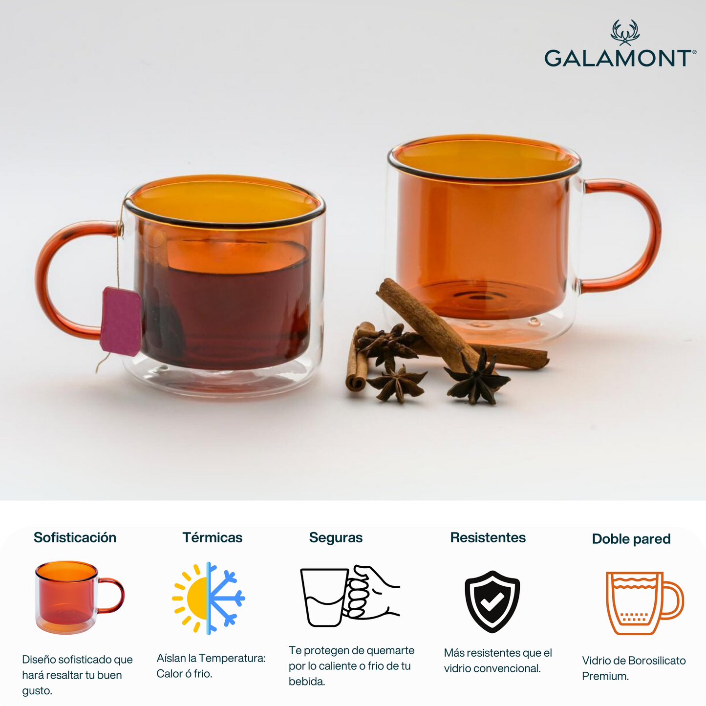 Tazas Doble Fondo para Café Espresso, Americano, Té. Set de 2 Tazas Doble Pared de Vidrio, 300 ml. Bonitas y Elegantes (Ámbar)