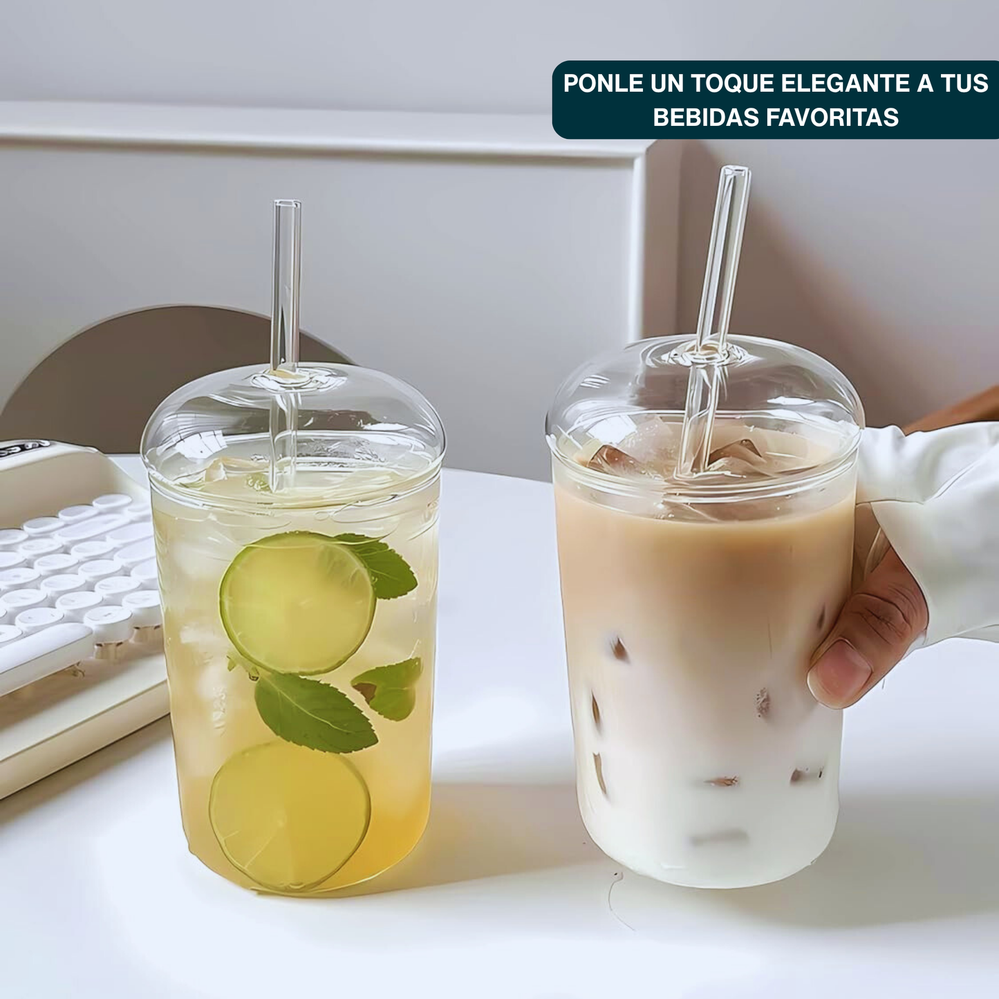Vasos de Vidrio para Café, Cold Brew, Frapuchino, Agua, Té Helado. Set de 2 Vasos con Tapas y Popotes, 500 ml. Diseño Aesthetic