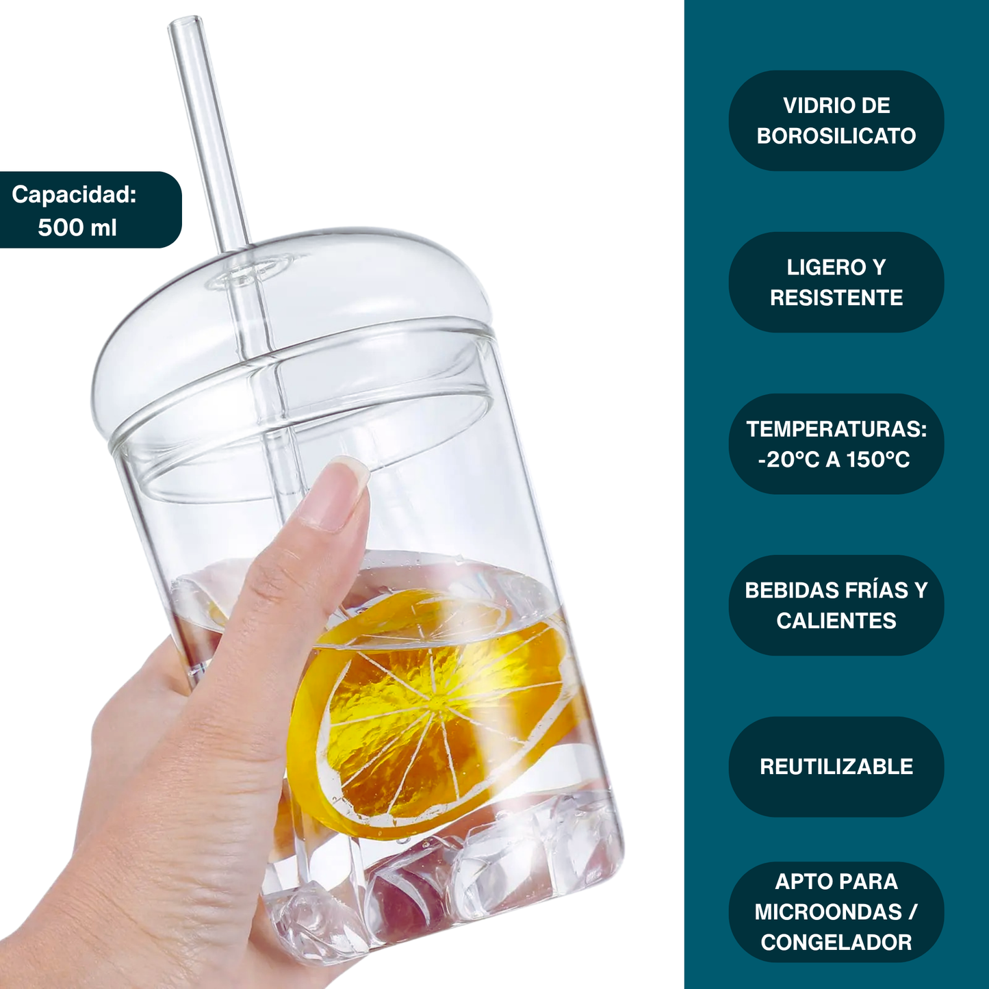 Vasos de Vidrio para Café, Cold Brew, Frapuchino, Agua, Té Helado. Set de 2 Vasos con Tapas y Popotes, 500 ml. Diseño Aesthetic