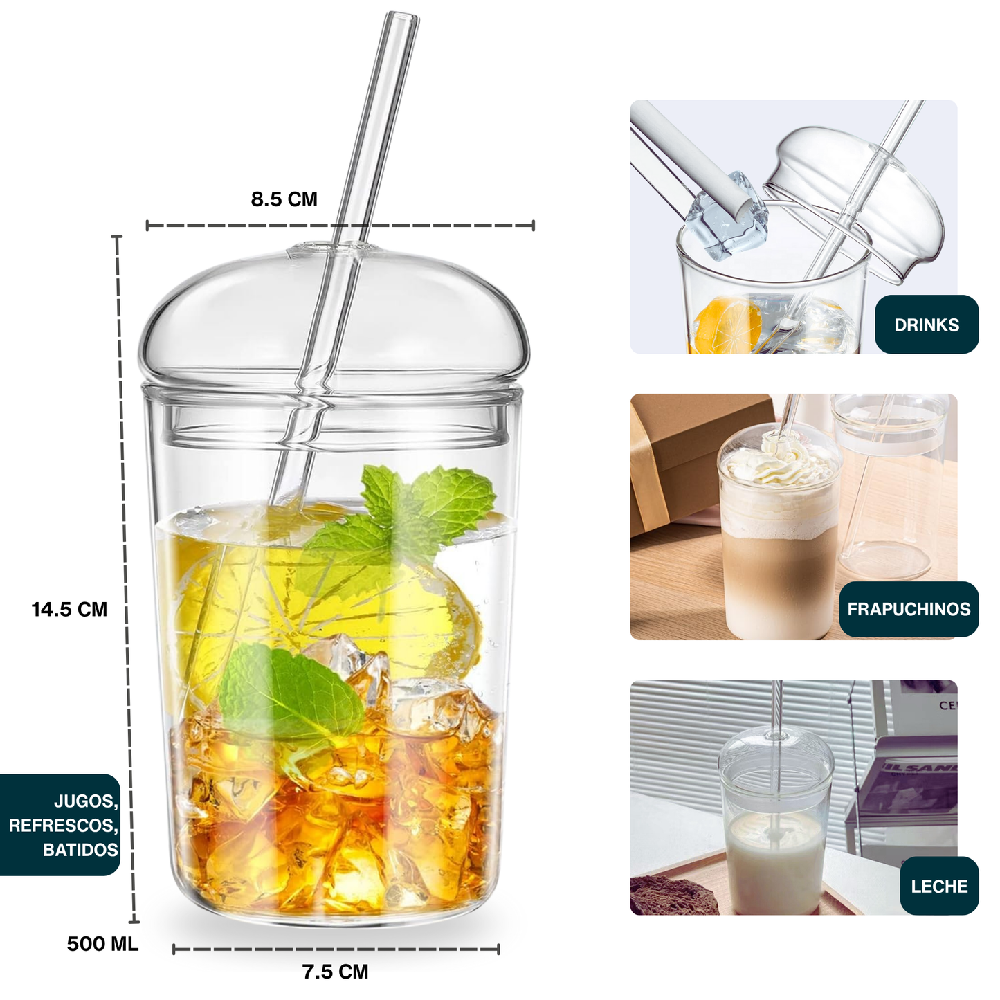 Vasos de Vidrio para Café, Cold Brew, Frapuchino, Agua, Té Helado. Set de 2 Vasos con Tapas y Popotes, 500 ml. Diseño Aesthetic