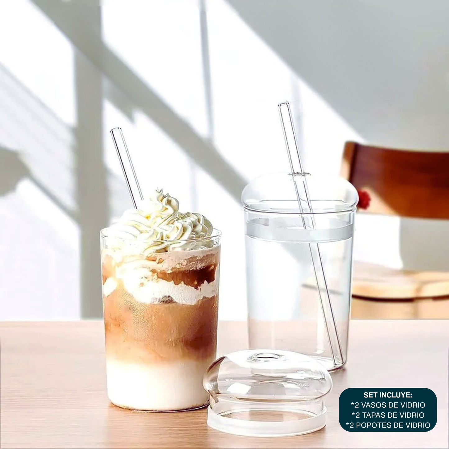Vasos de Vidrio para Café, Cold Brew, Frapuchino, Agua, Té Helado. Set de 2 Vasos con Tapas y Popotes, 500 ml. Diseño Aesthetic