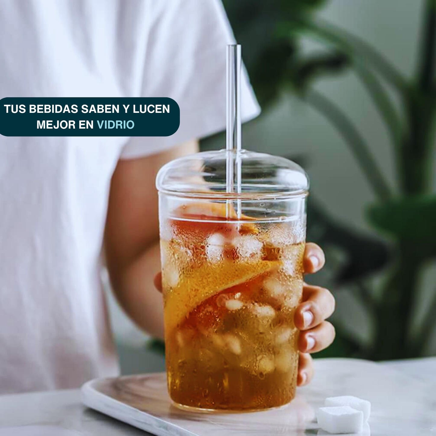 Vasos de Vidrio para Café, Cold Brew, Frapuchino, Agua, Té Helado. Set de 2 Vasos con Tapas y Popotes, 500 ml. Diseño Aesthetic