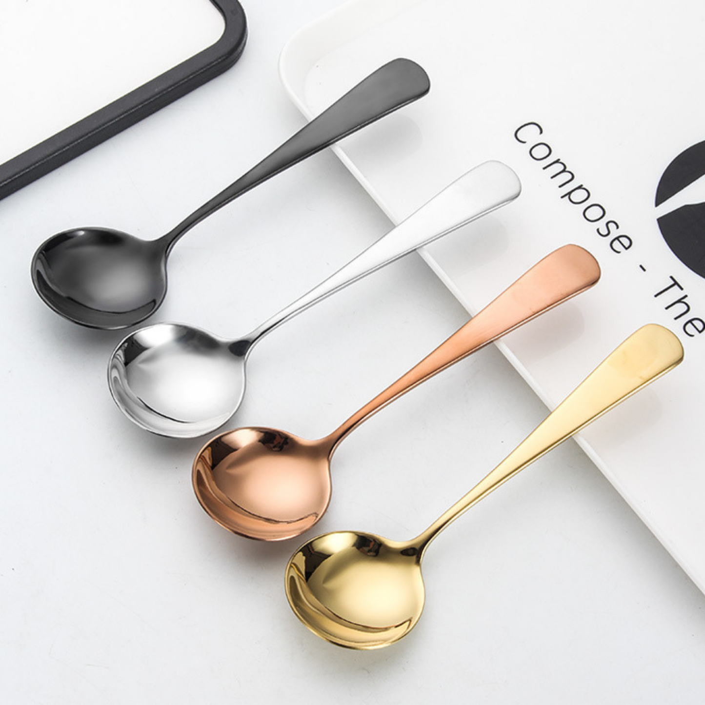 Cucharas de Acero Inoxidable 304 para Café, Sopa, Postre. Cucharas de Lujo, Diseño Elegante. Set de 4 Pzas. Gruesas y Pesadas