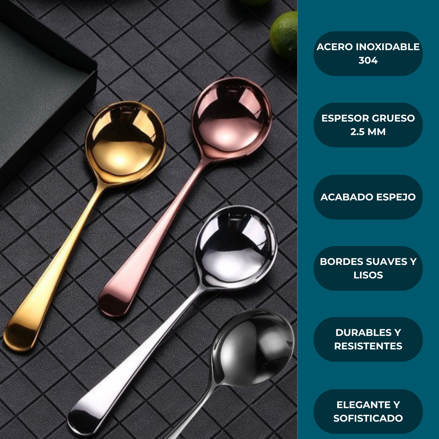 Cucharas de Acero Inoxidable 304 para Café, Sopa, Postre. Cucharas de Lujo, Diseño Elegante. Set de 4 Pzas. Gruesas y Pesadas