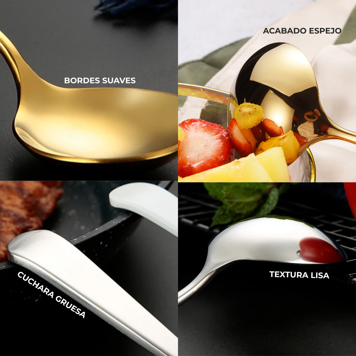 Cucharas de Acero Inoxidable 304 para Café, Sopa, Postre. Cucharas de Lujo, Diseño Elegante. Set de 4 Pzas. Gruesas y Pesadas
