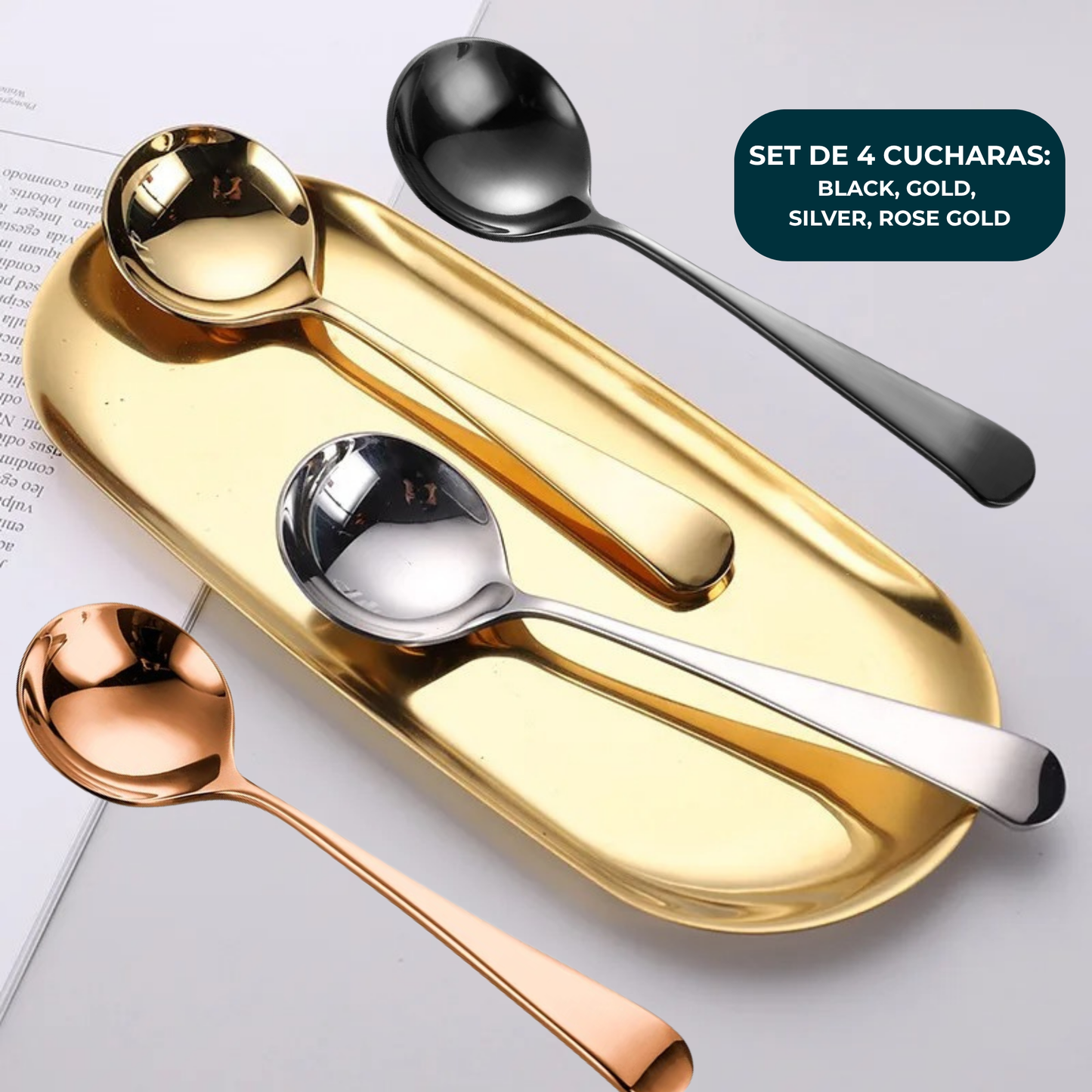 Cucharas de Acero Inoxidable 304 para Café, Sopa, Postre. Cucharas de Lujo, Diseño Elegante. Set de 4 Pzas. Gruesas y Pesadas