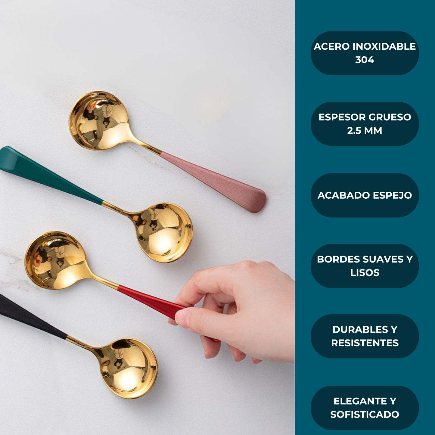 Cucharas de Acero Inoxidable 304 para Café, Postre, Sopa. Cucharas de Lujo. Diseño Elegante. Set de 4 Pzas. Gruesas y Pesadas