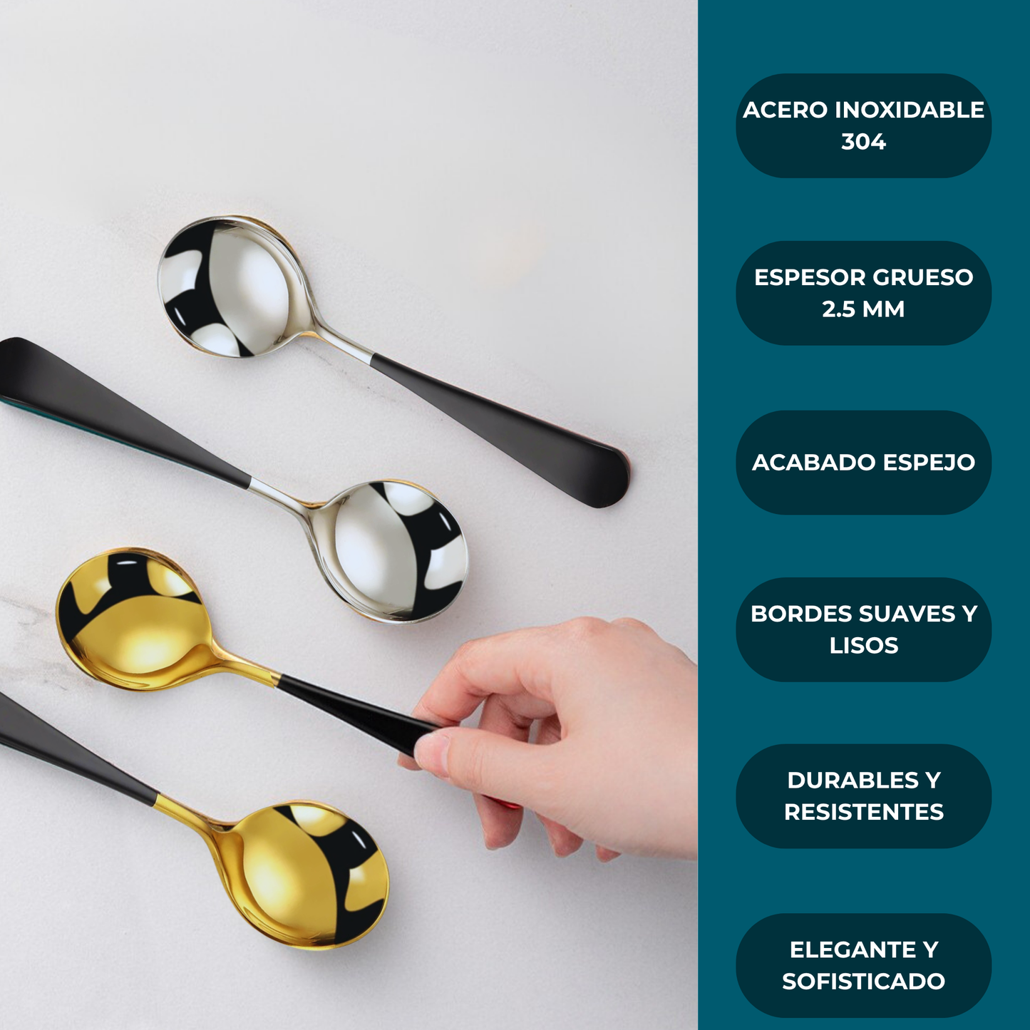 Cucharas de Acero Inoxidable 304 para Café, Postre, Sopa. Cucharas de Lujo. Diseño Elegante. Set de 4 Pzas. Gruesas y Pesadas