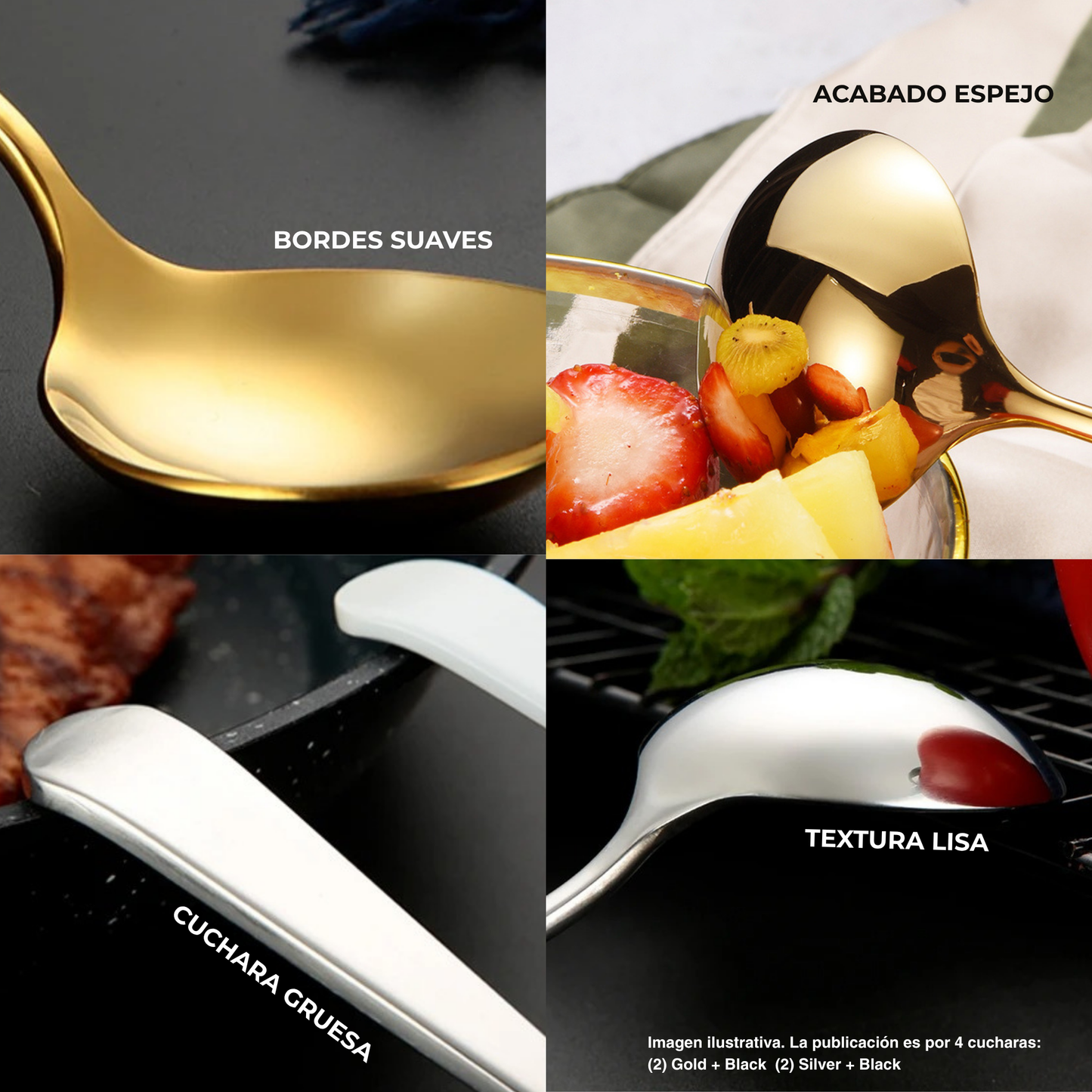Cucharas de Acero Inoxidable 304 para Café, Postre, Sopa. Cucharas de Lujo. Diseño Elegante. Set de 4 Pzas. Gruesas y Pesadas