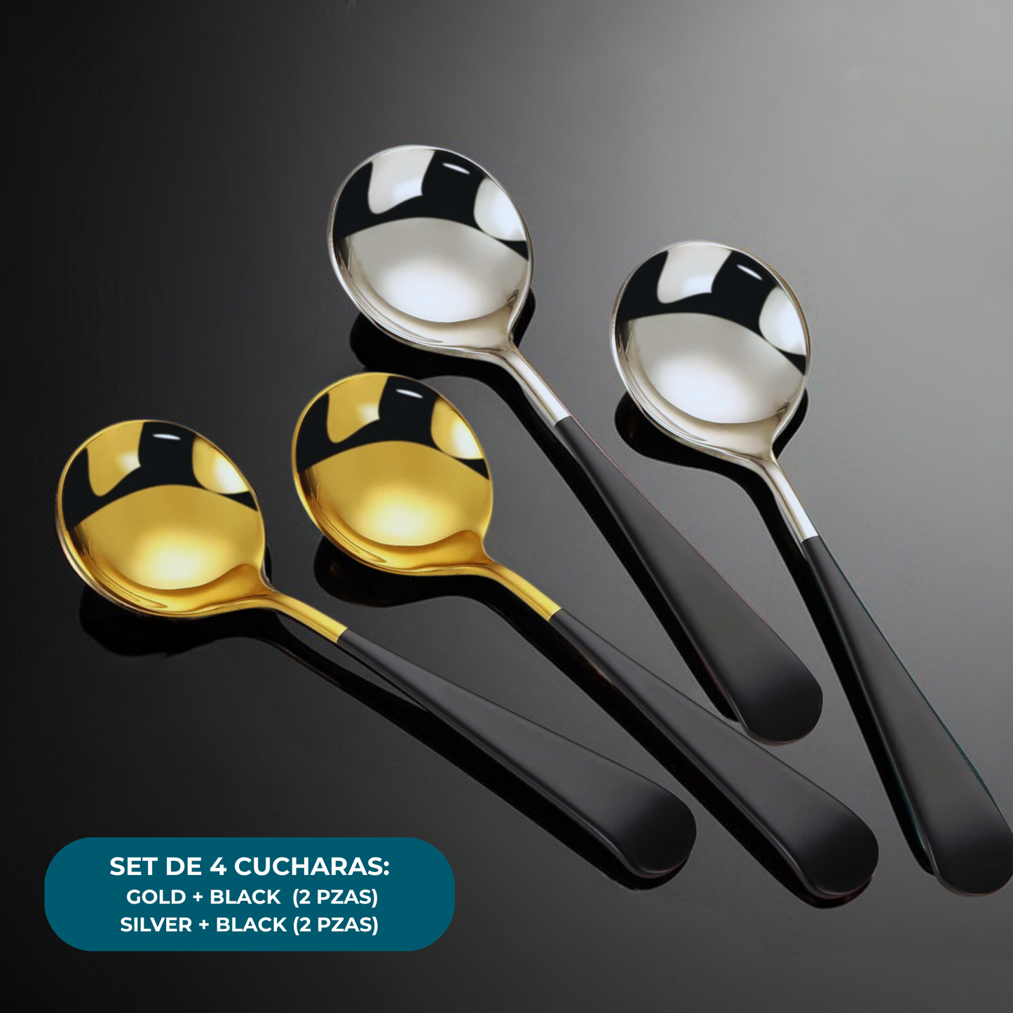 Cucharas de Acero Inoxidable 304 para Café, Postre, Sopa. Cucharas de Lujo. Diseño Elegante. Set de 4 Pzas. Gruesas y Pesadas
