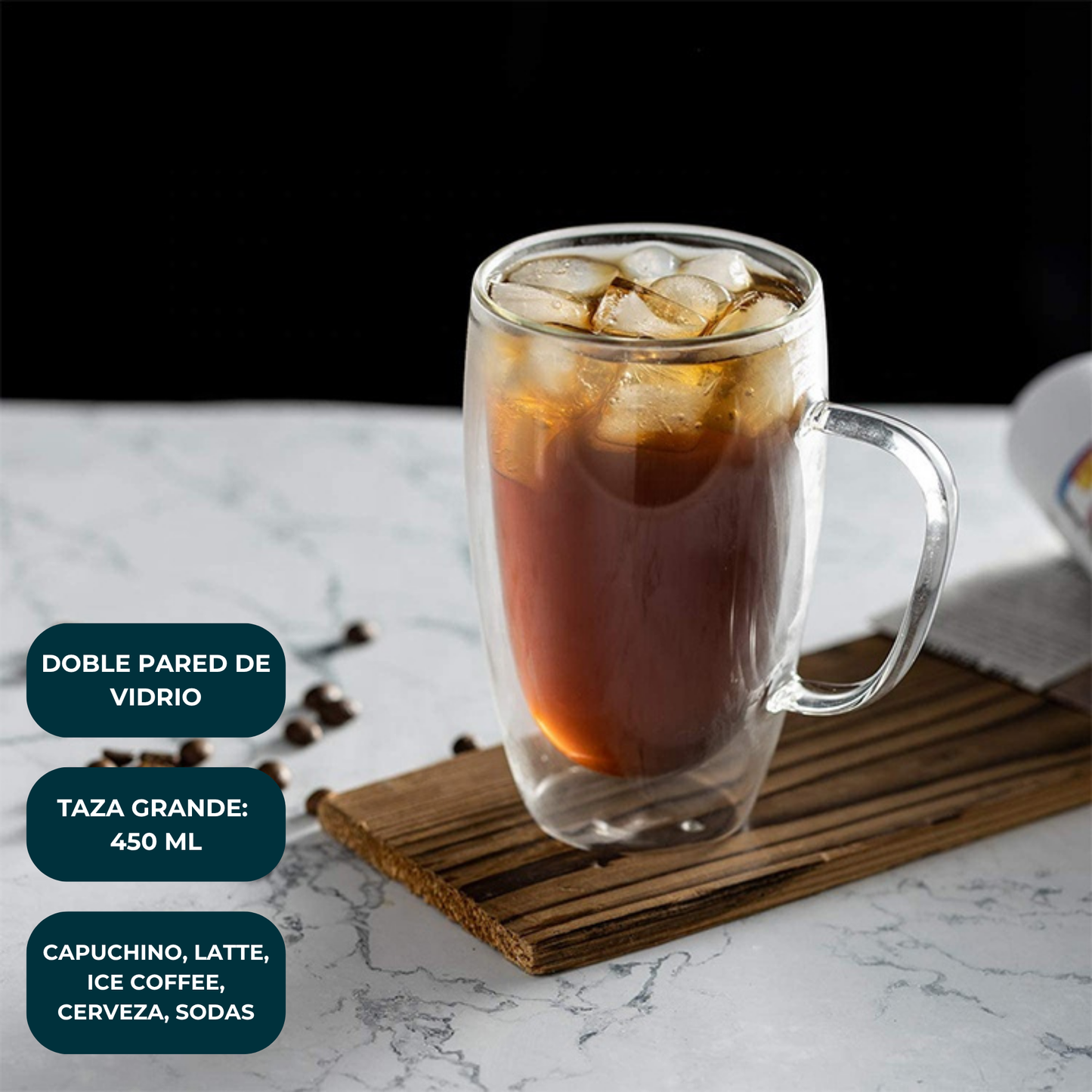 Tazas Doble Fondo de Cristal para Café Americano, Capuchino, Latte, Cold Brew, Té. Set de 2 Tazas Doble Pared, 450 ml. Transparentes y Aisladas.