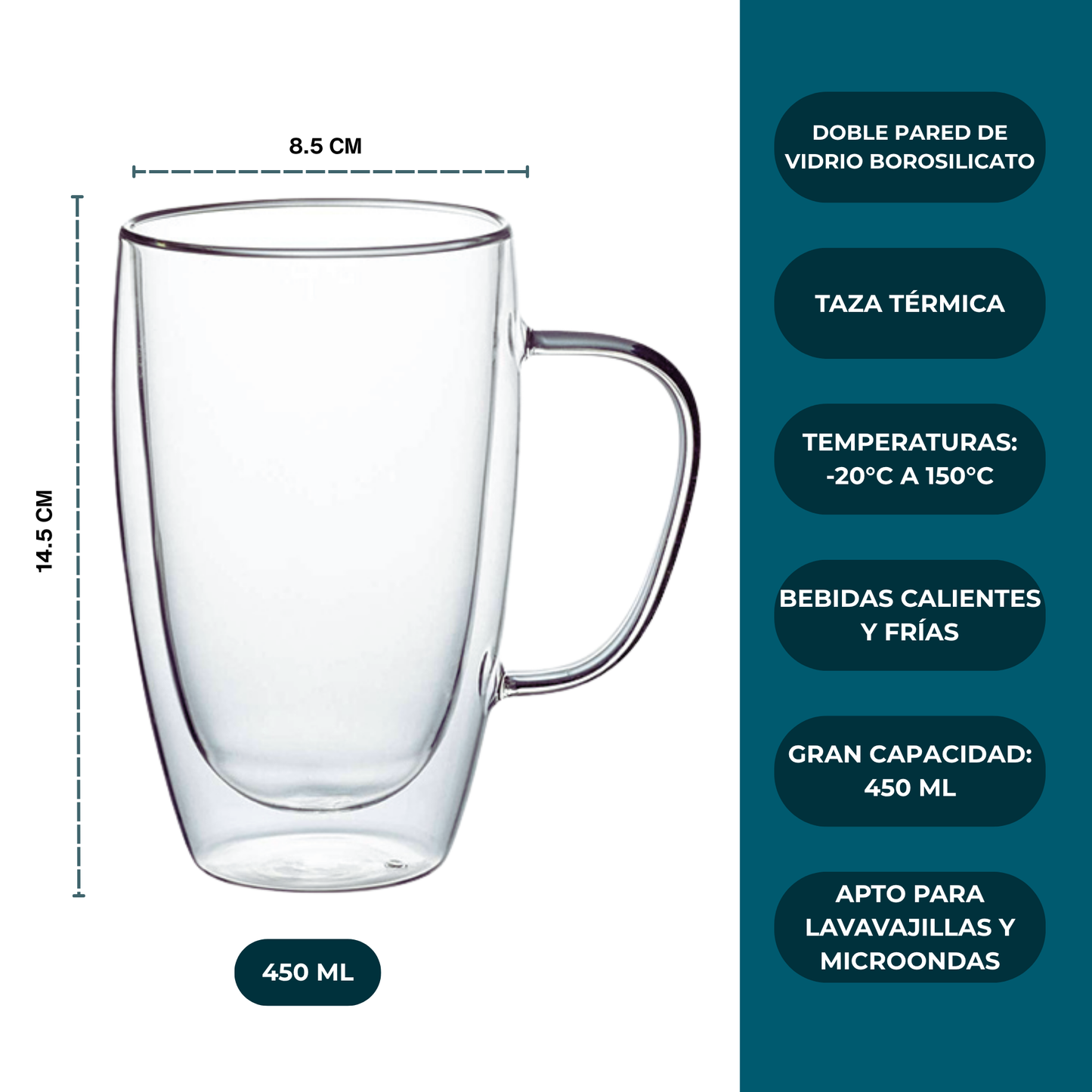 Tazas Doble Fondo de Cristal para Café Americano, Capuchino, Latte, Cold Brew, Té. Set de 2 Tazas Doble Pared, 450 ml. Transparentes y Aisladas.
