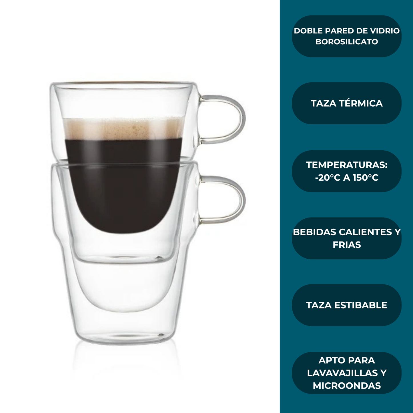 Tazas Doble Fondo de Cristal para Espresso, Americano, Café con leche, Té. Set de 2 Tazas Doble Pared, 225 ml. Transparentes y Aisladas