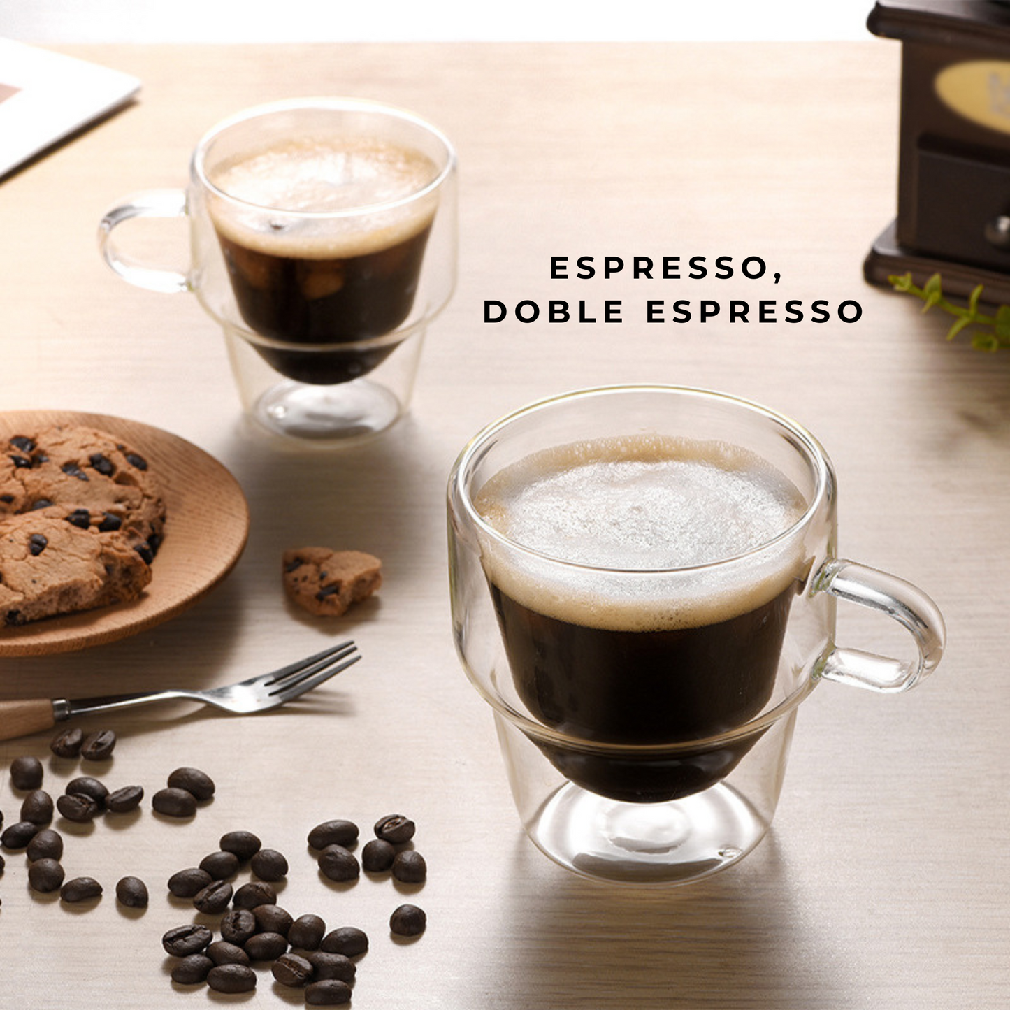 Tazas Doble Fondo de Cristal para Espresso, Americano, Café con leche, Té. Set de 2 Tazas Doble Pared, 225 ml. Transparentes y Aisladas