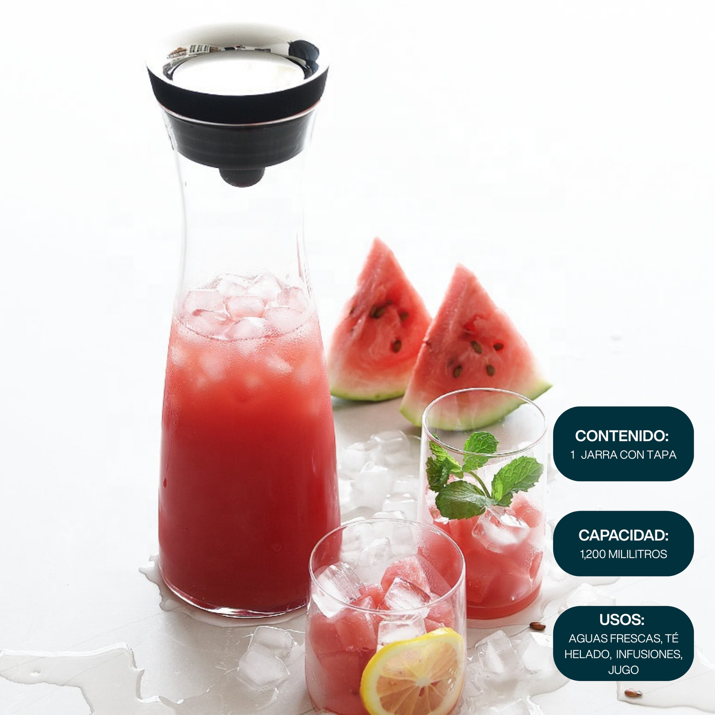 Jarra de Vidrio Borosilicato 1,200 ml para Agua, Infusiones, Limonada, Jugo, Té Helado. Jarra de Agua con Tapa para Bebidas Frías y Calientes. Elegante, Moderna, Minimalista, Aesthetic