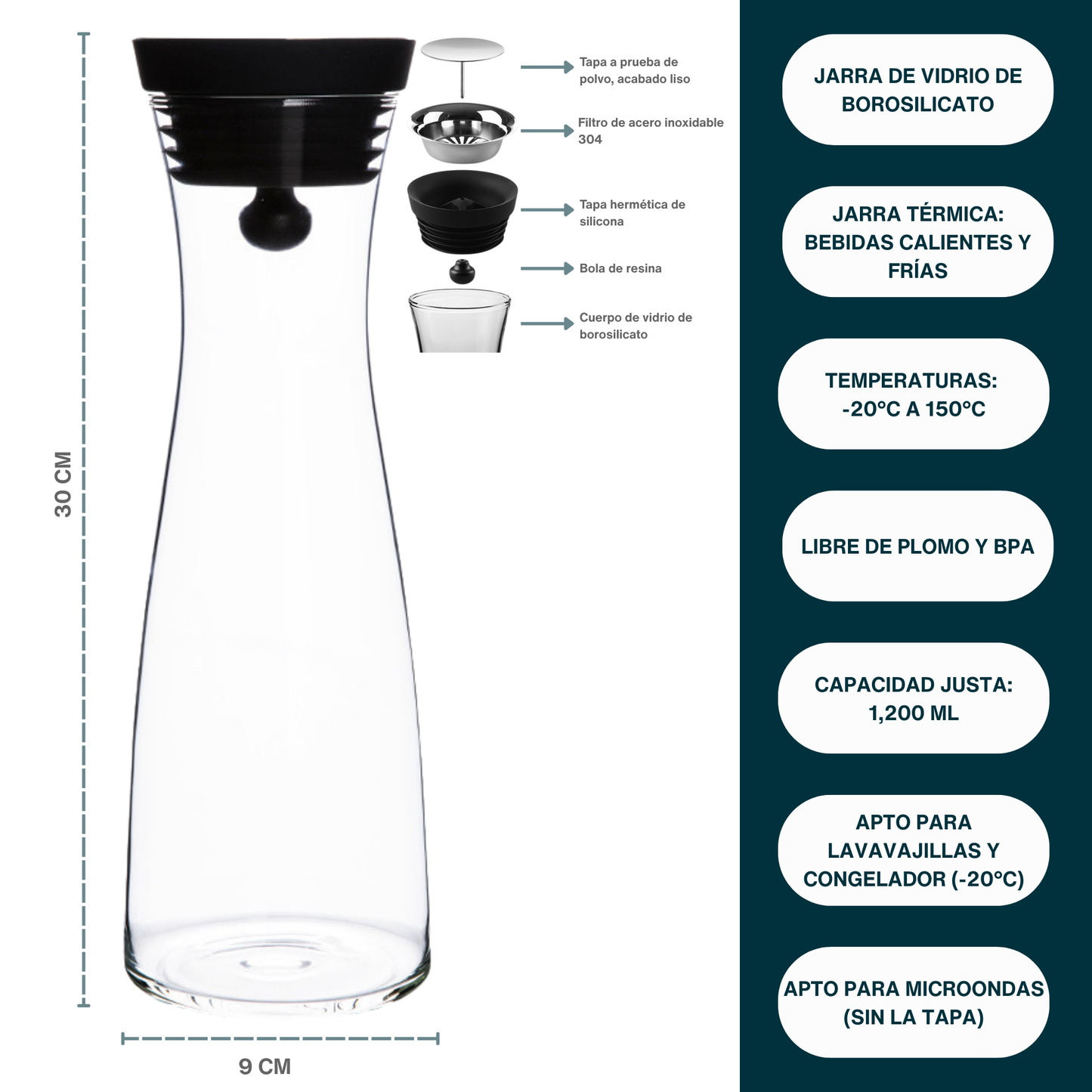 Jarra de Vidrio Borosilicato 1,200 ml para Agua, Infusiones, Limonada, Jugo, Té Helado. Jarra de Agua con Tapa para Bebidas Frías y Calientes. Elegante, Moderna, Minimalista, Aesthetic