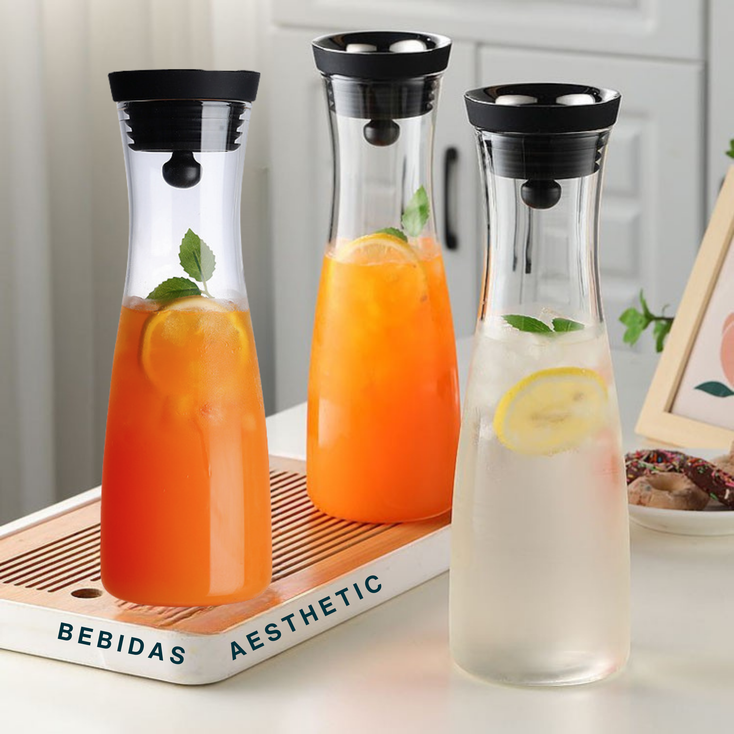 Jarra de Vidrio Borosilicato 1,200 ml para Agua, Infusiones, Limonada, Jugo, Té Helado. Jarra de Agua con Tapa para Bebidas Frías y Calientes. Elegante, Moderna, Minimalista, Aesthetic