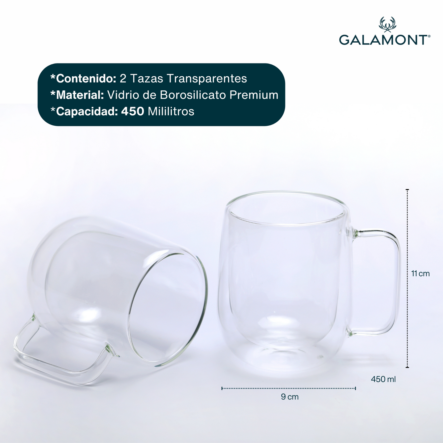 Tazas Doble Fondo de Cristal para Café Americano, Capuchino, Latte, Té. Set de 2 Tazas Doble Pared de Vidrio, 450 ml. Transparentes y Aisladas