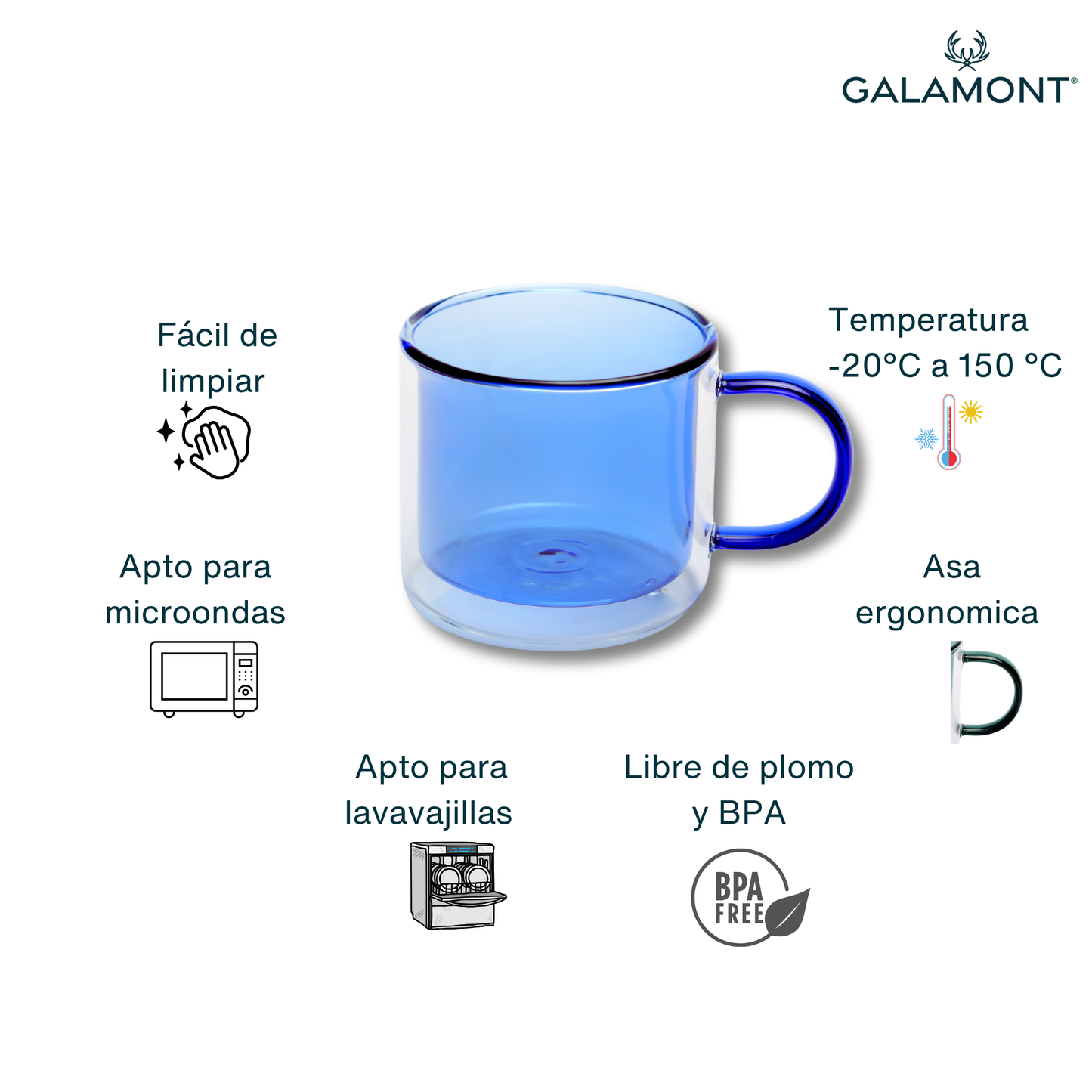 Tazas Doble Fondo para Café Espresso, Capuchino, Té. Set de 4 Tazas Doble Pared de Vidrio Coloridas. 300 ml. Ámbar, Verde, Amarillo y Azul.