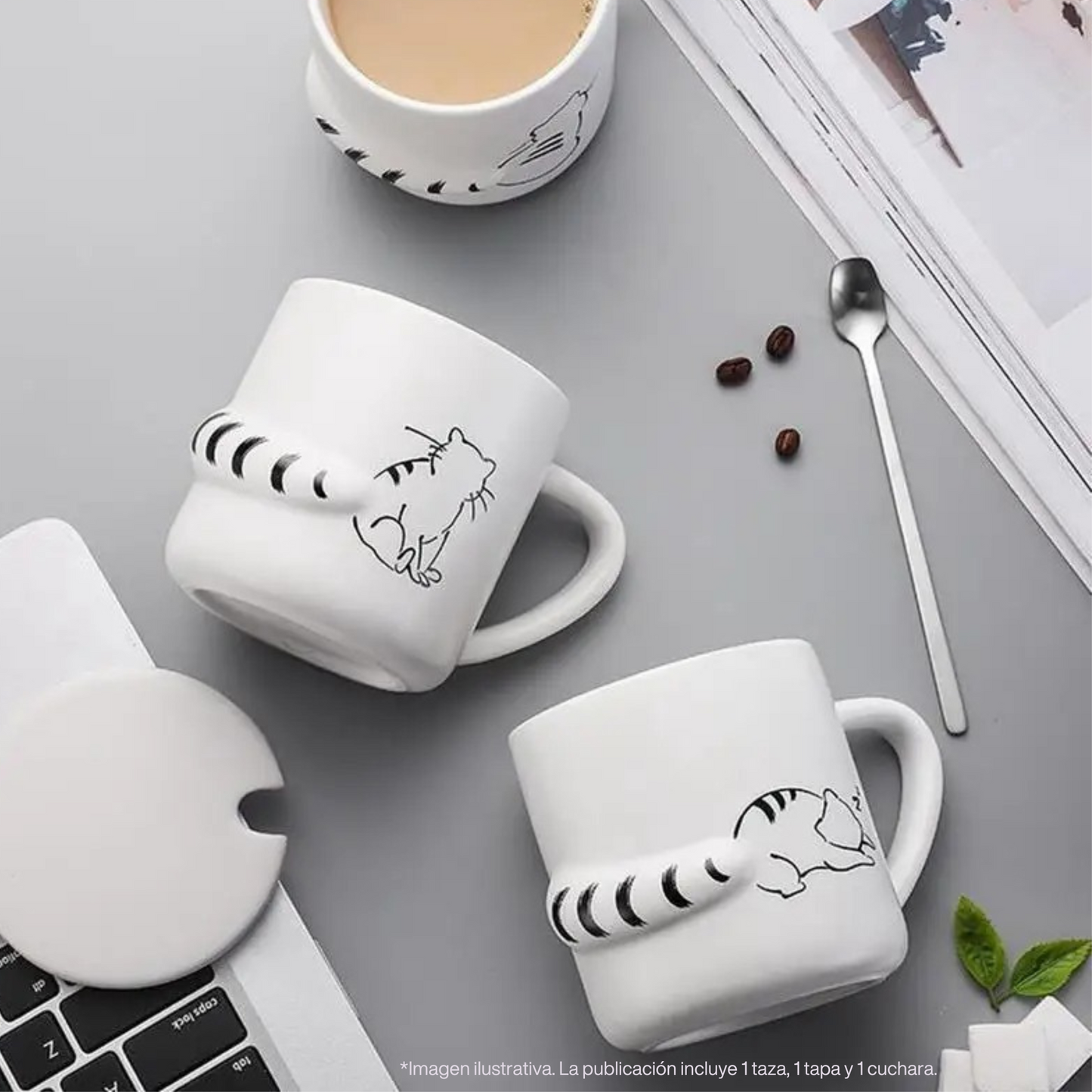 Taza de Gato con Cola en 3D. Diseño de Gatito Distraído. Taza para Amante de los Gatos. Taza para Café de 350 ml.