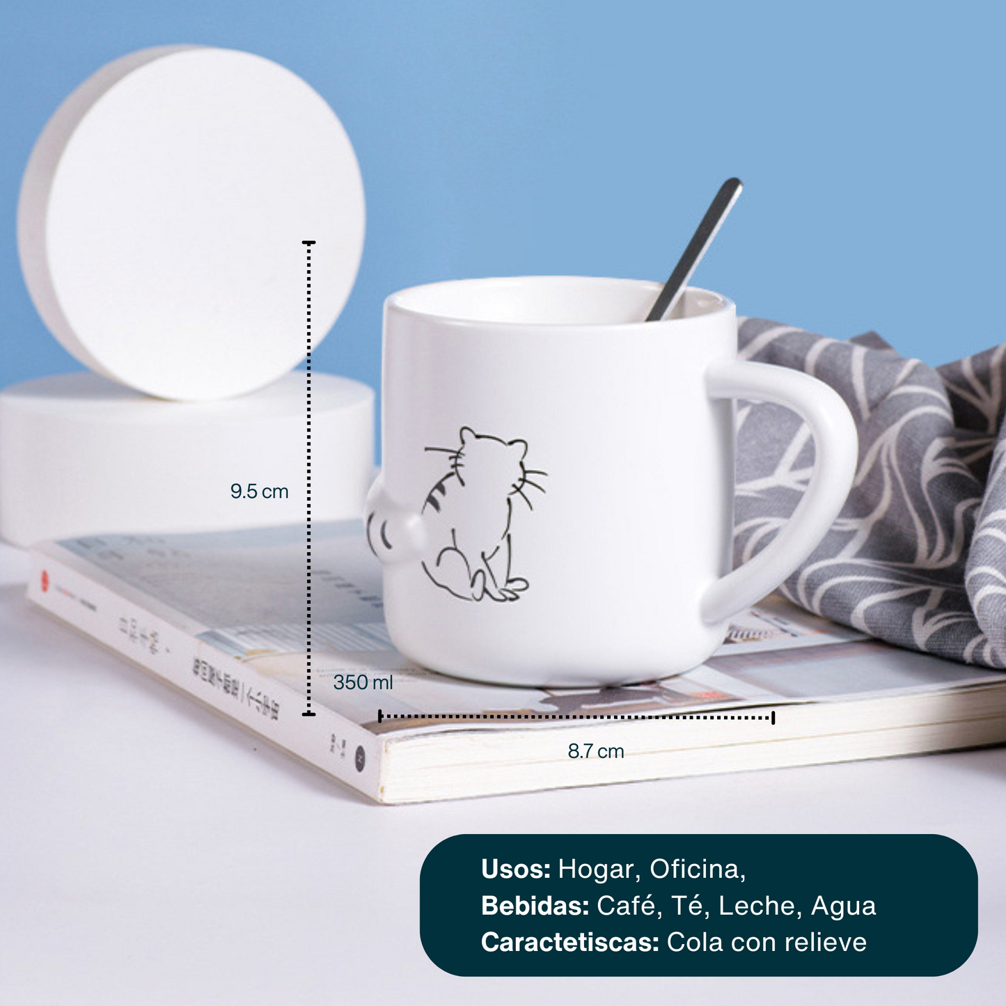 Taza de Gato con Cola en 3D. Diseño de Gatito Sentado. Taza para Amante de los Gatos. Taza para Café de 350 ml.