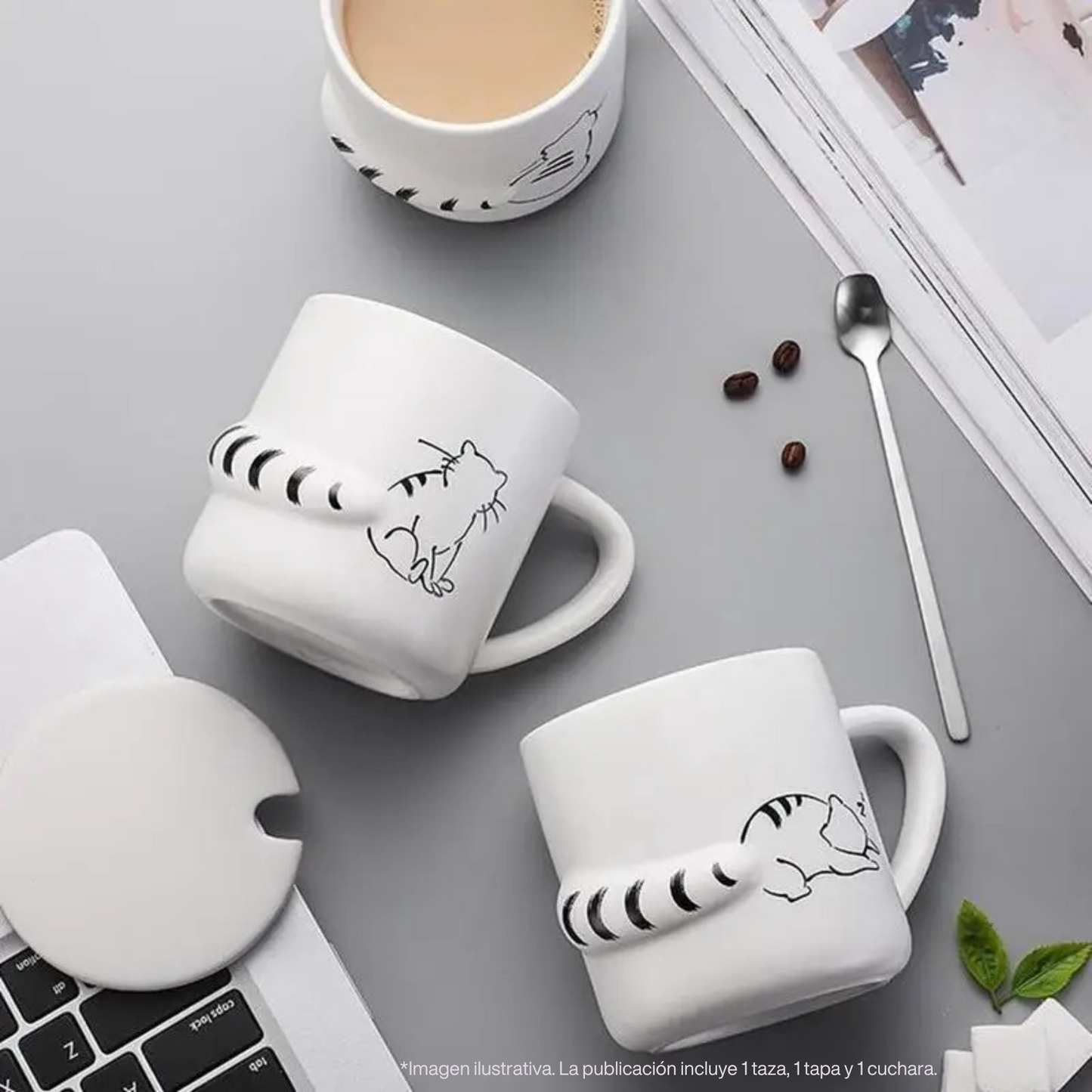 Taza de Gato con Cola en 3D. Diseño de Gatito Sentado. Taza para Amante de los Gatos. Taza para Café de 350 ml.