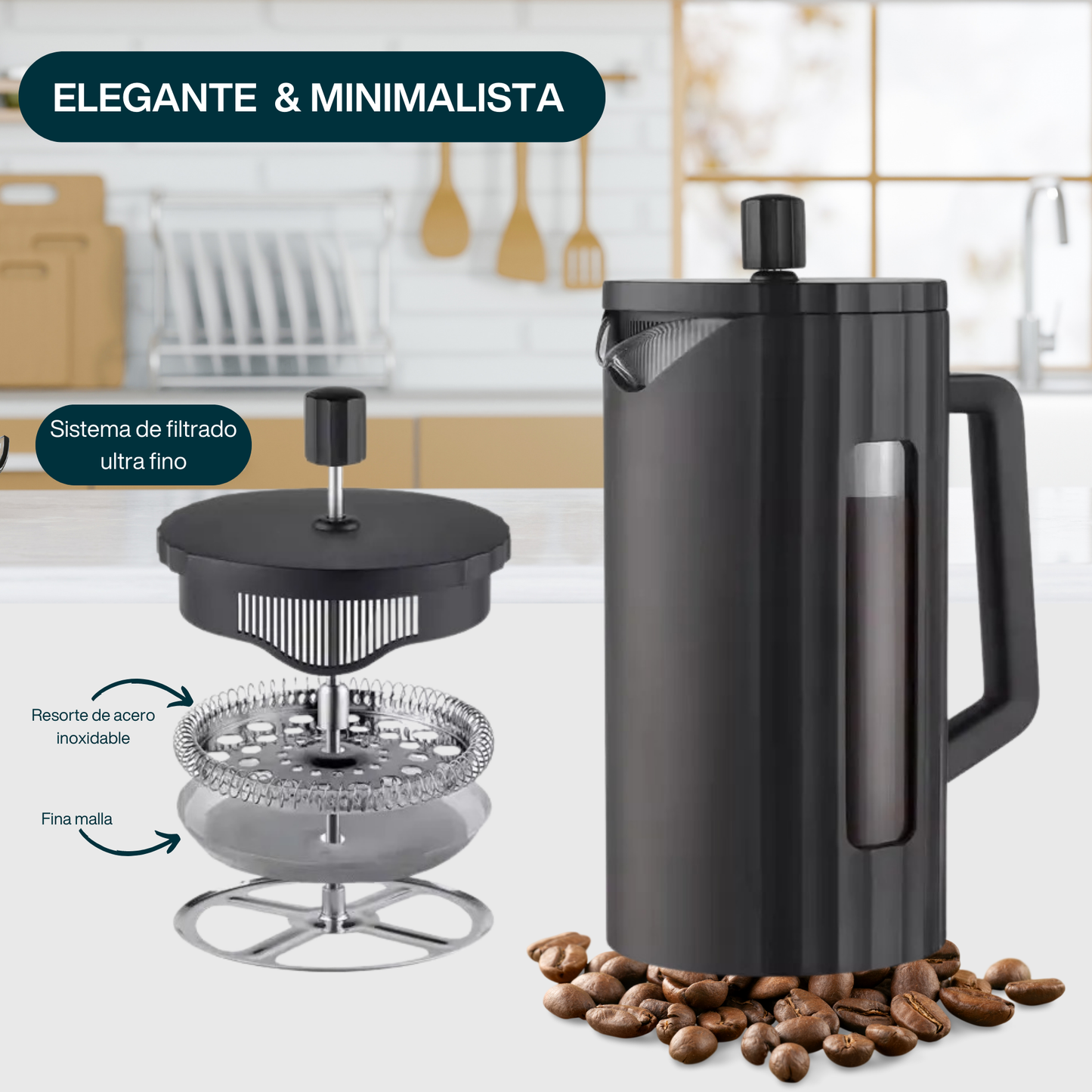Prensa Francesa para Café y Té. Prensa Francesa de Vidrio Borosilicato. Prensa Francesa Moderna y Minimalista. 1,000 ml. Negro Mate.