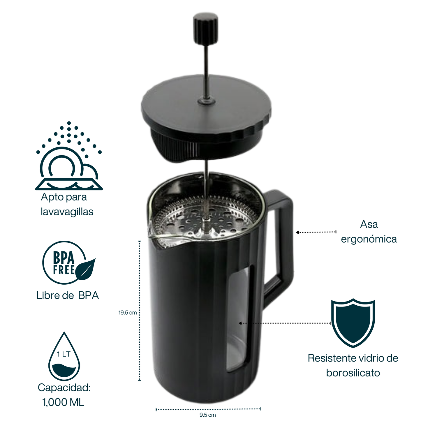 Prensa Francesa para Café y Té. Prensa Francesa de Vidrio Borosilicato. Prensa Francesa Moderna y Minimalista. 1,000 ml. Negro Mate.