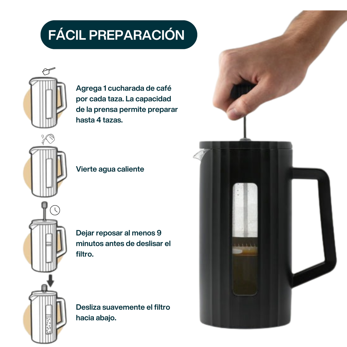 Prensa Francesa para Café y Té. Prensa Francesa de Vidrio Borosilicato. Prensa Francesa Moderna y Minimalista. 1,000 ml. Negro Mate.