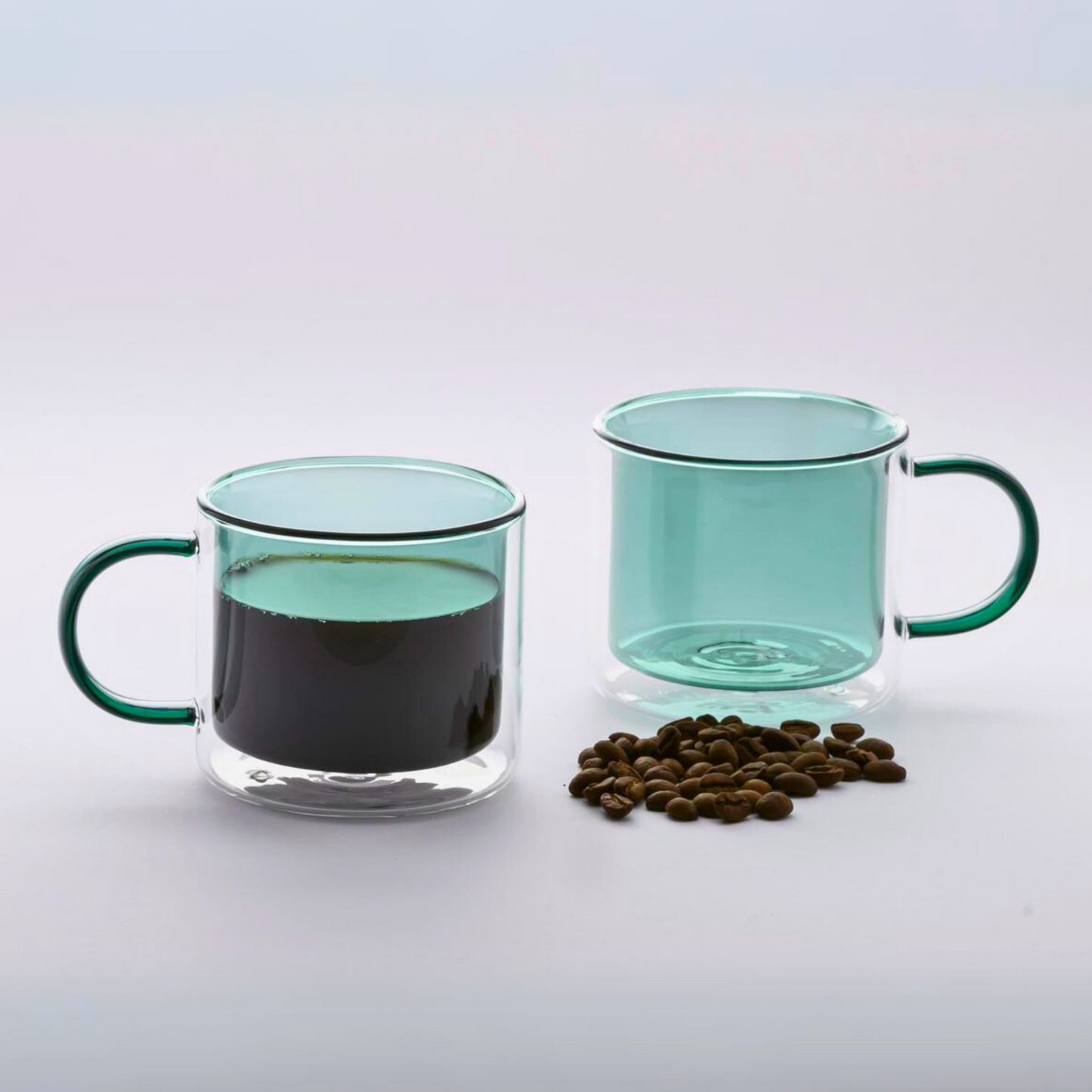 Tazas Doble Fondo para Café Espresso, Americano, Té. Set de 2 Tazas Doble Pared de Vidrio, 300 ml. Bonitas y Elegantes (Verde)