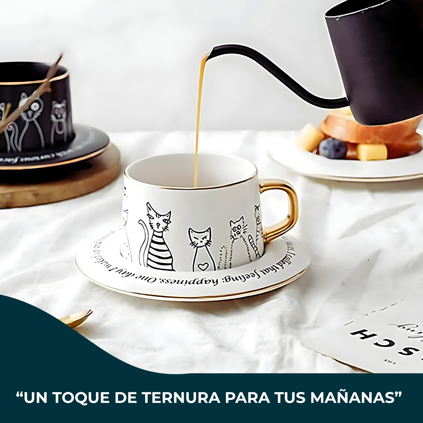Taza de Gatos para Café. Taza de Lujo para Espresso y Té. Taza para Amante de los Gatos. Juego de Taza y Plato. Blanco