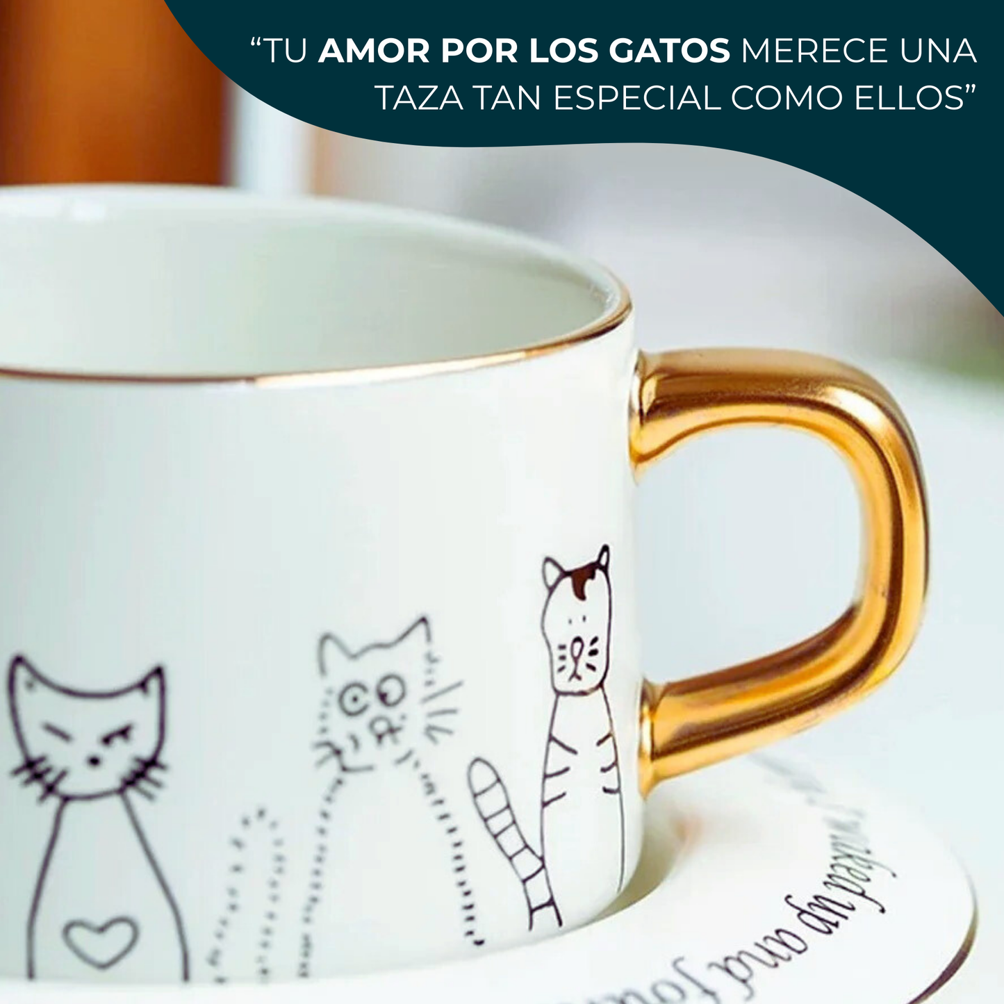 Taza de Gatos para Café. Taza de Lujo para Espresso y Té. Taza para Amante de los Gatos. Juego de Taza y Plato. Blanco